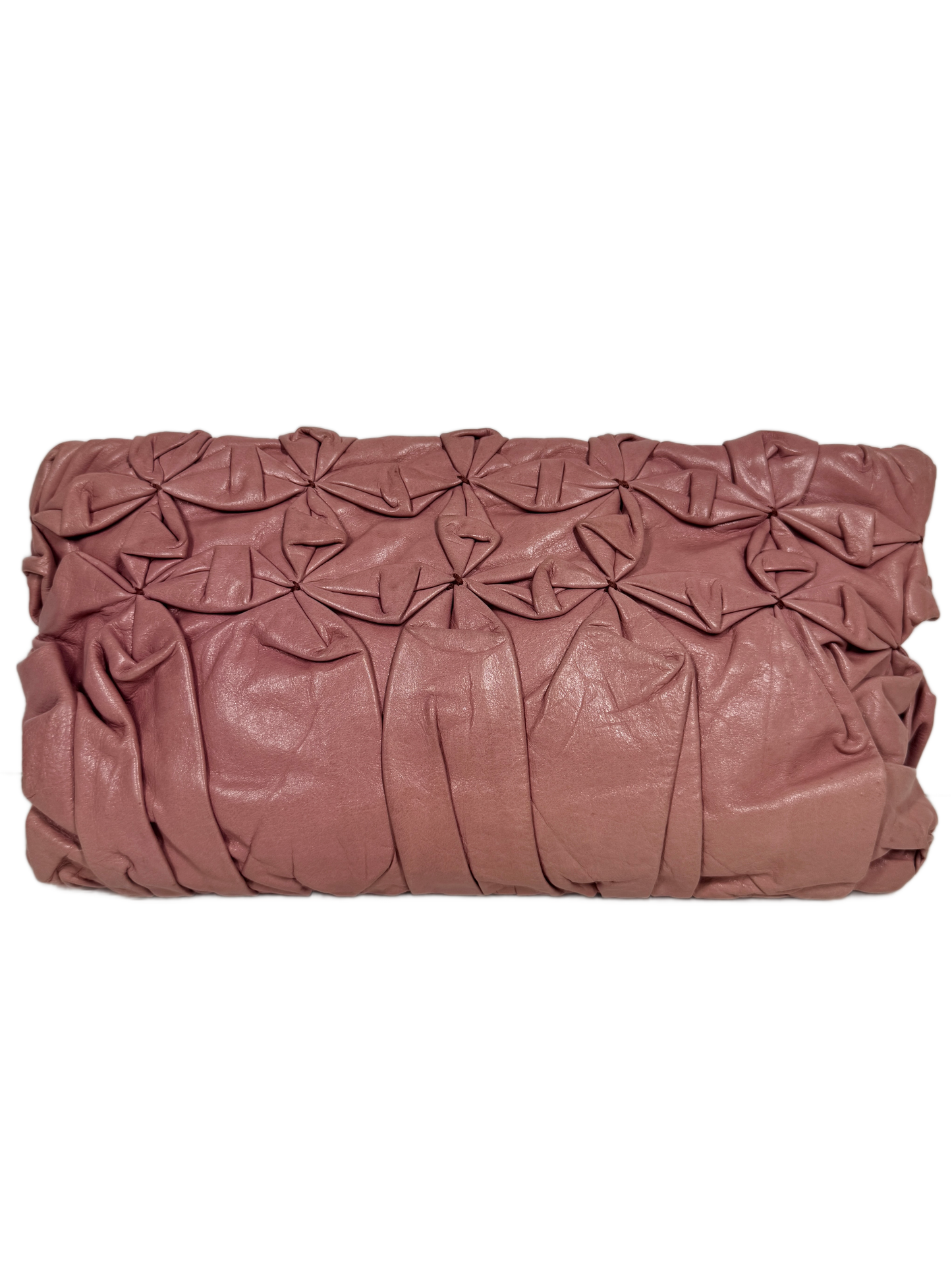 Prada Vintage Pink Calfskin Leather Diamond Pleated Floral Clutch