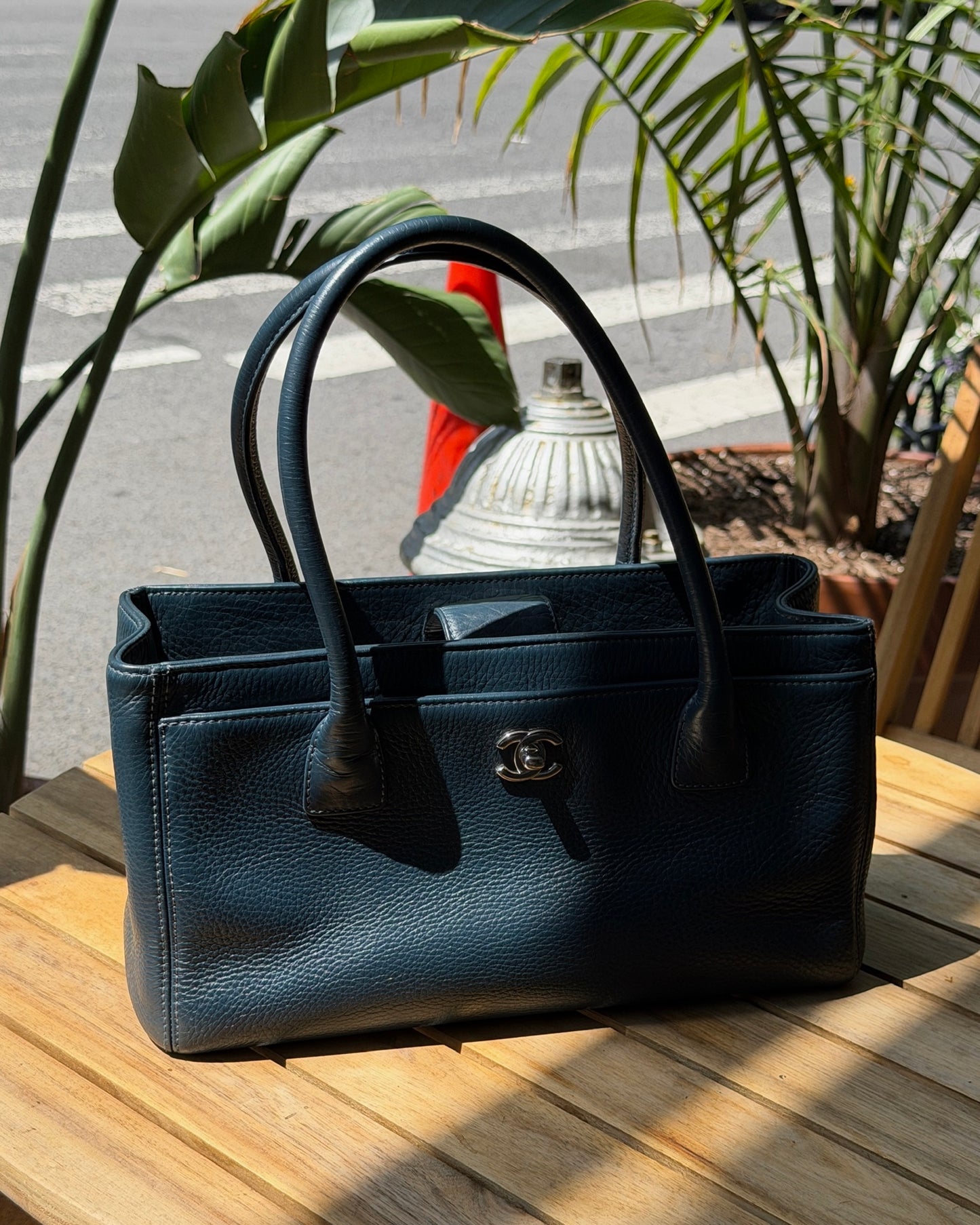 Chanel Navy Blue Calfskin Small Cerf Executive Shoulder Tote Bag with Silver Hardware