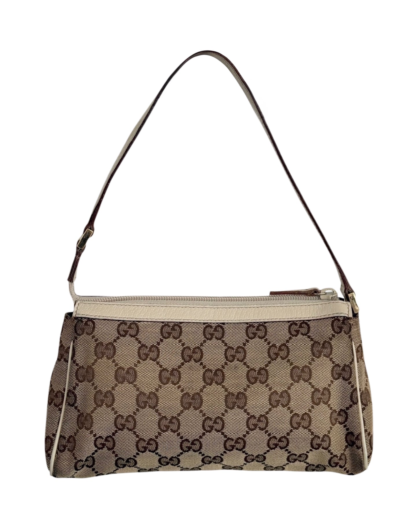 Gucci Vintage Brown GG Monogram Ivory Leather Trim Abbey Pochette
