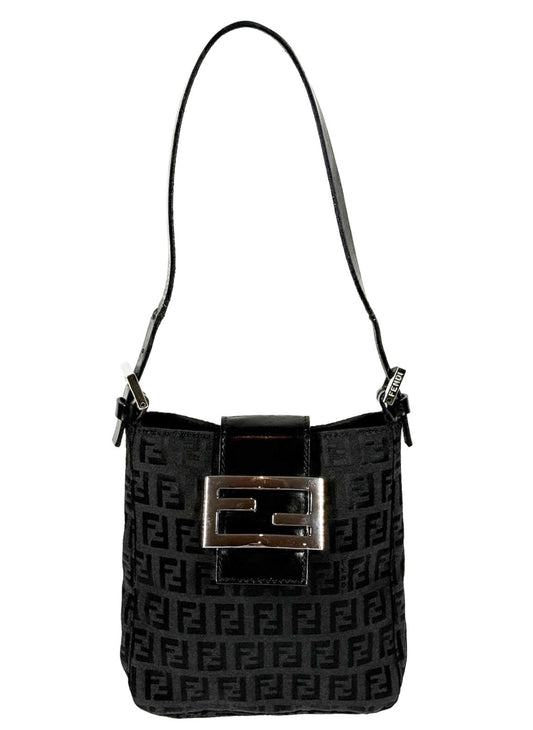 Fendi Vintage Black Zucca Monogram Phone Holder Pochette Baguette