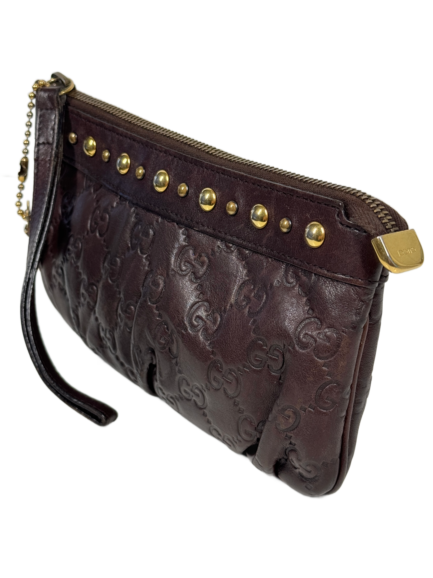 Gucci Vintage Brown Embossed GG Guccissima Monogram Leather Babouska Wristlet Clutch w Heart Charm