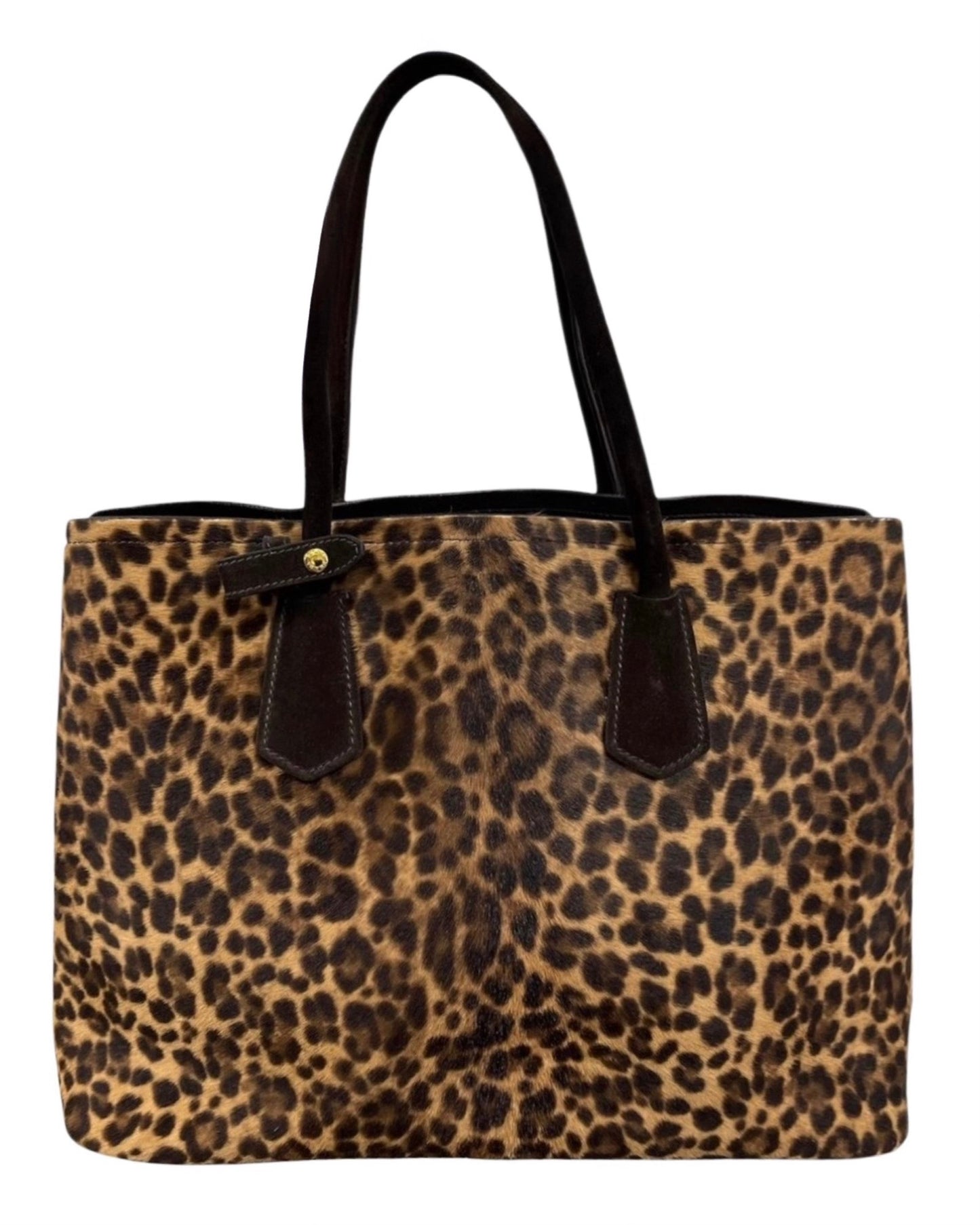 Prada Vintage Brown Suede & Leopard Print Pony Hair Large Two-Way Shoulder Tote Bag