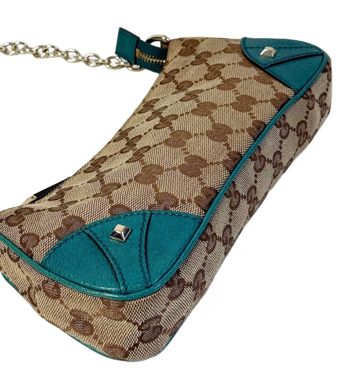 Gucci Vintage Brown GG Monogram Turquoise Leather Trim Chain Link Studded Shoulder Pochette Bag