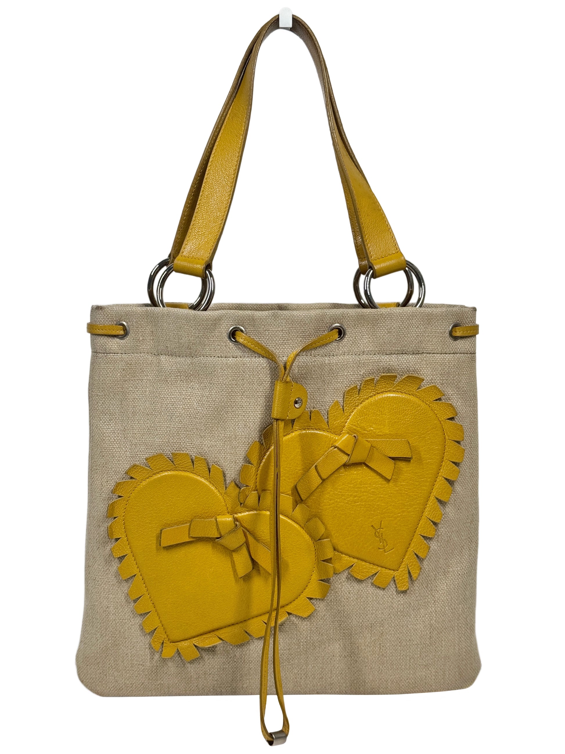 YSL / Yves Saint Laurent Vintage Yellow Leather & Canvas Heart Embellished Mini / Small Shoulder Tote Bag