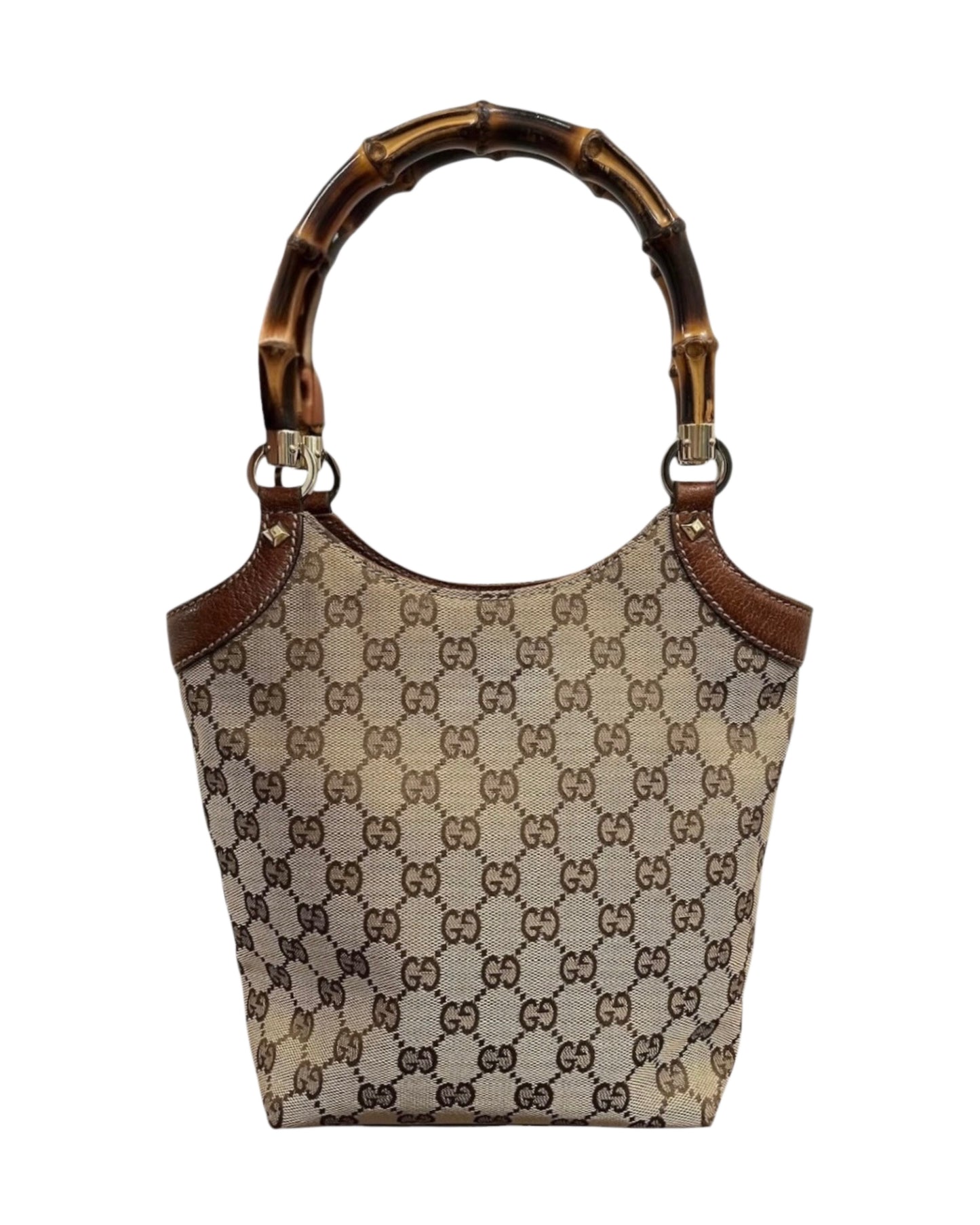 Gucci Vintage Brown GG Monogram Small Bucket Bamboo Handle Shoulder Bag 