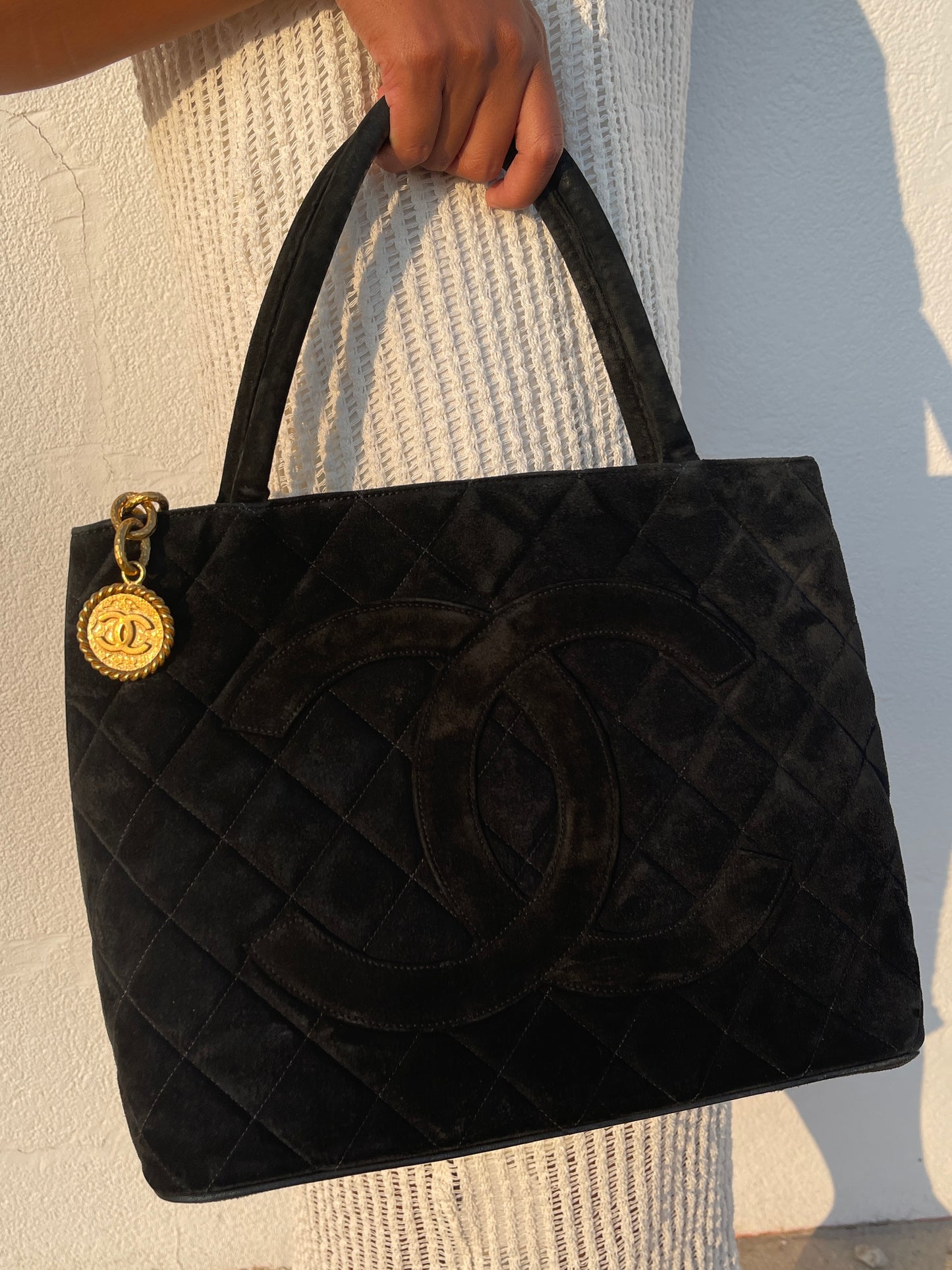 Chanel Vintage 90s Black Quilted Suede Medallion CC Shoulder Tote Bag