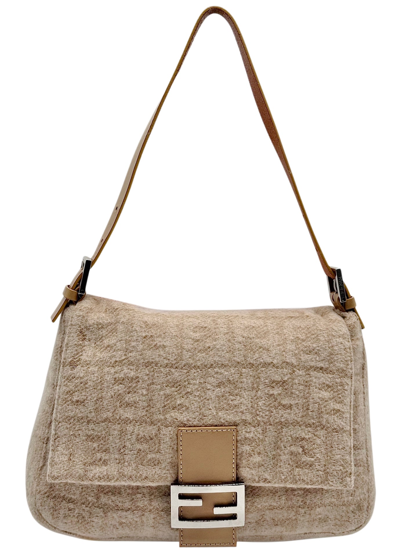 Fendi Vintage Beige Zucca Monogram Knit Wool Mamma Baguette Shoulder Bag