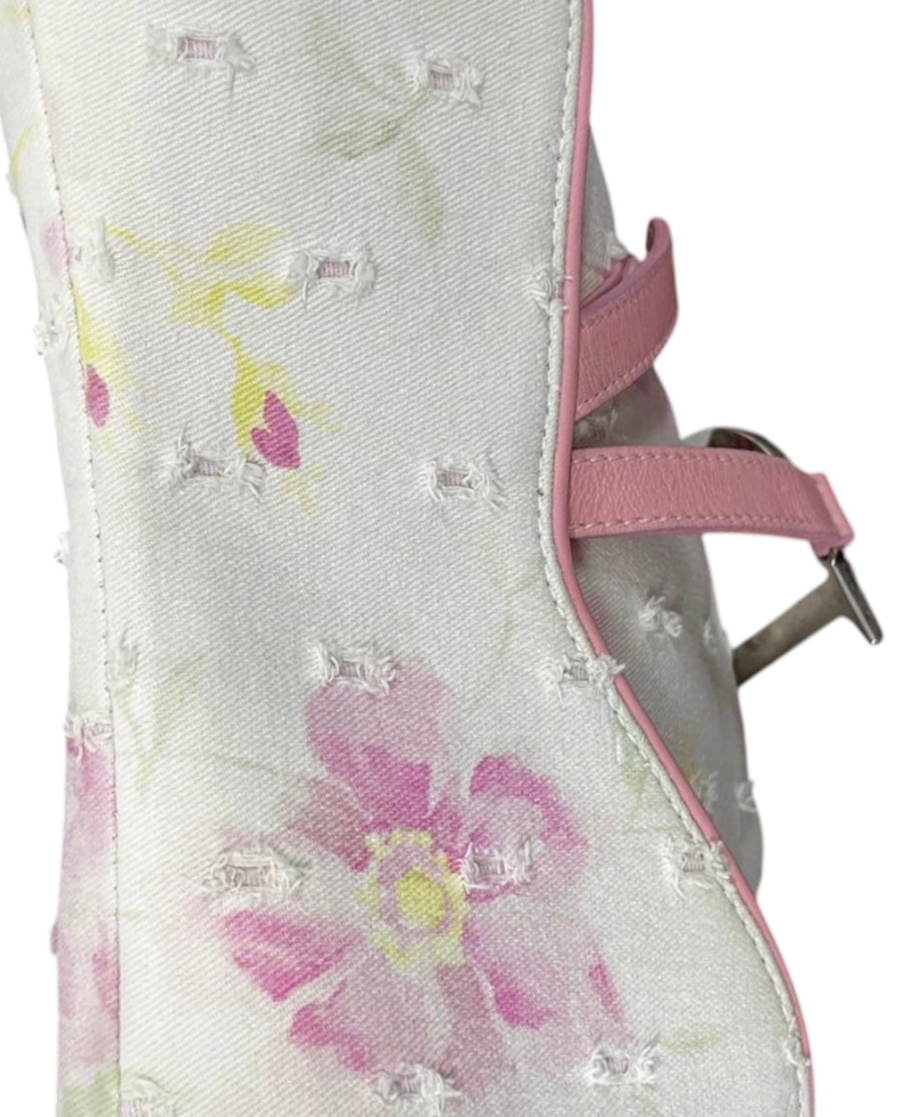 Dior Vintage 2003 White Distressed Pink Floral Canvas Leather Trim Medium Saddle Shoulder Bag