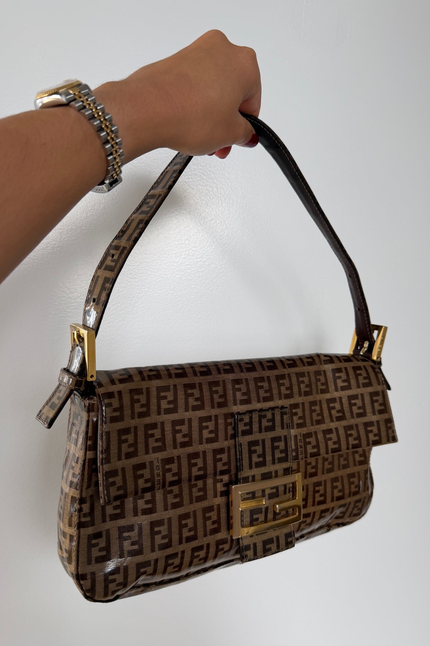 Fendi Vintage Coated Light Brown Zucchino Zucca Monogram Shoulder Baguette Bag with Gold Enamel Logo