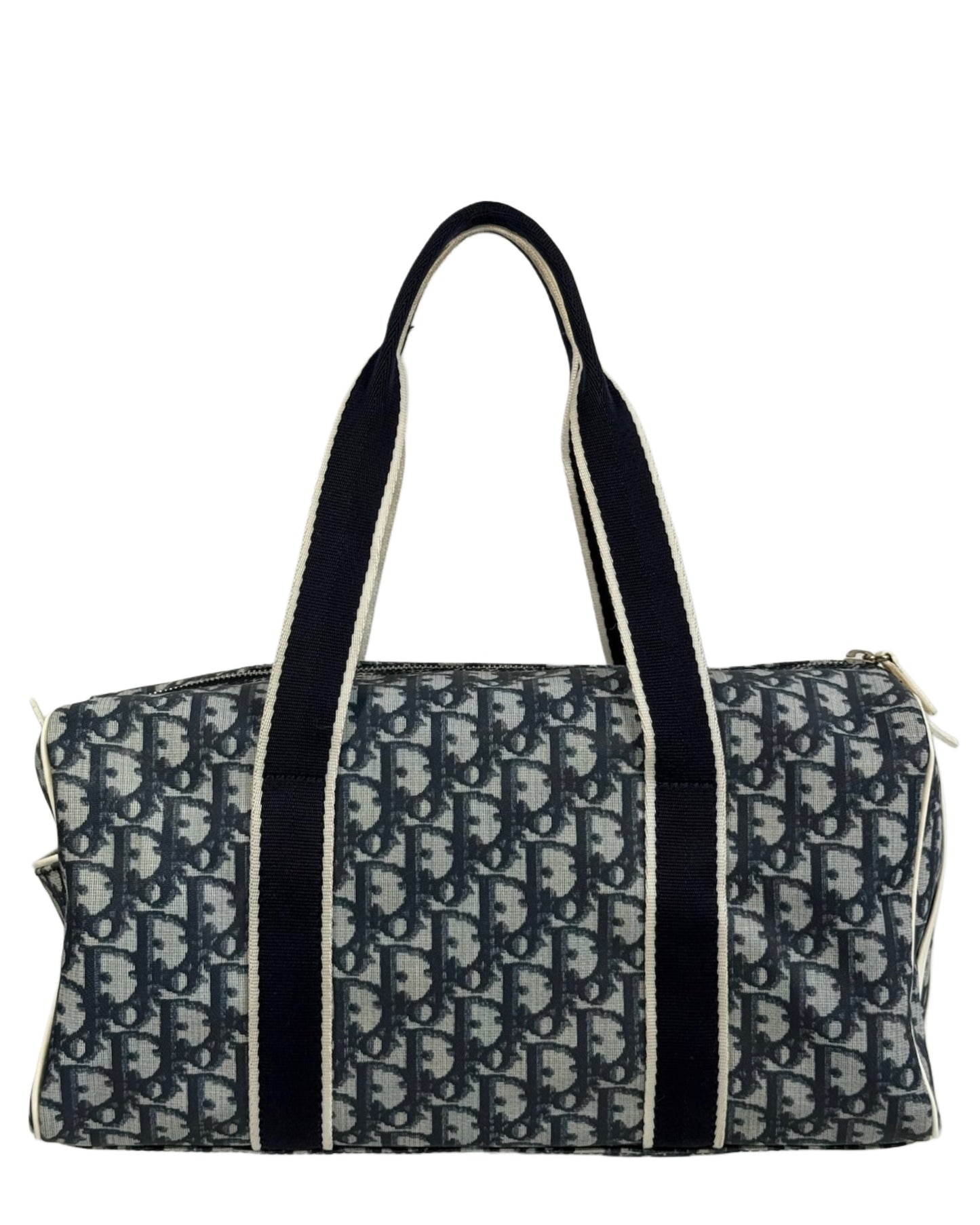 Dior Vintage 2001 Blue Trotter Monogram White Patent Trim Small Boston Shoulder Duffle Bag