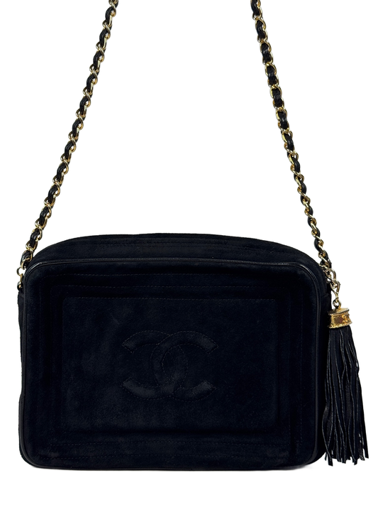 Chanel Vintage 80s Black Suede CC Logo Tassel Shoulder Camera Bag w 24K Gold Plated Hardware