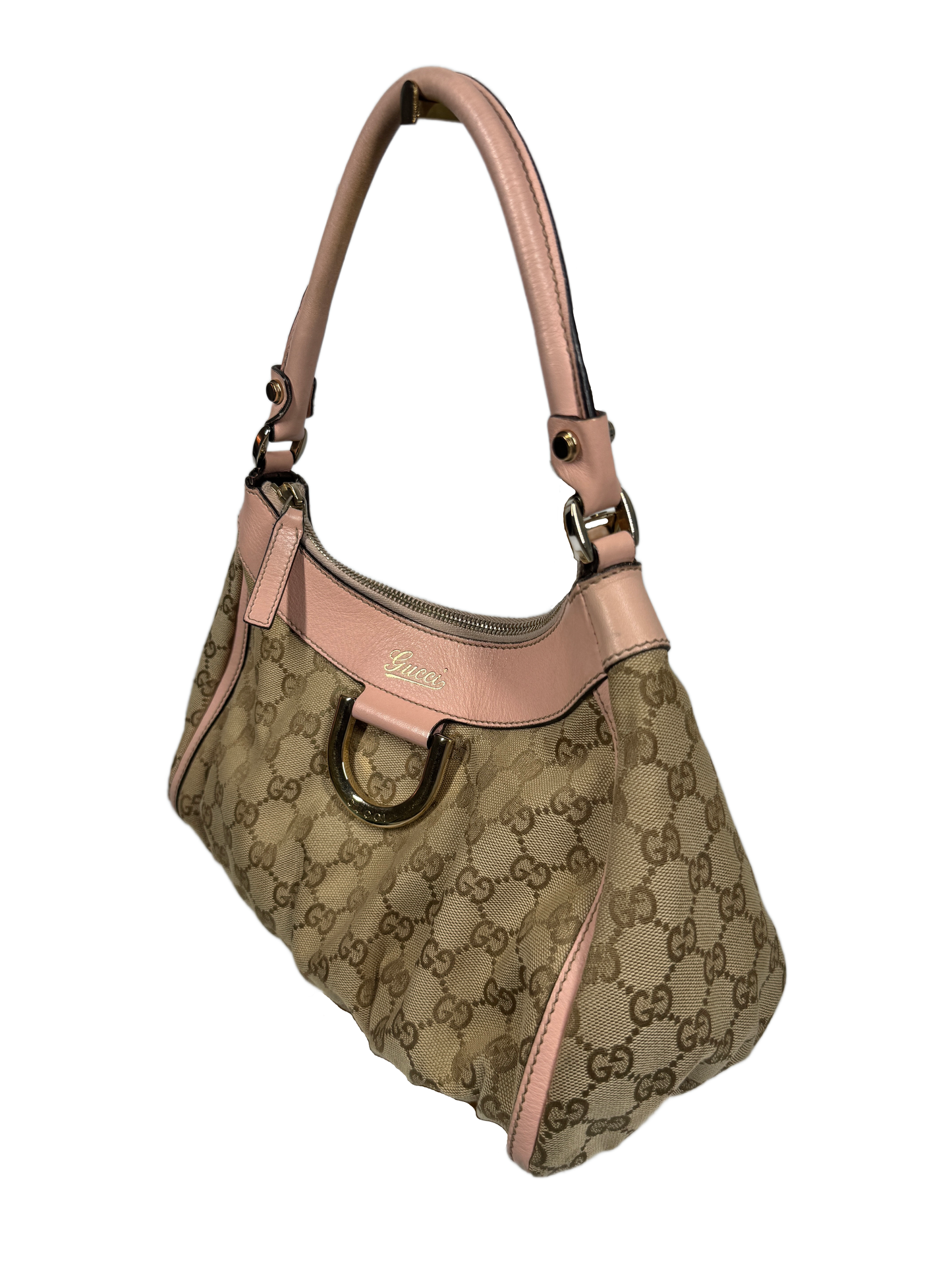 Gucci Small Brown GG Monogram with Pink Leather Abbey Hobo Shoulder Bag