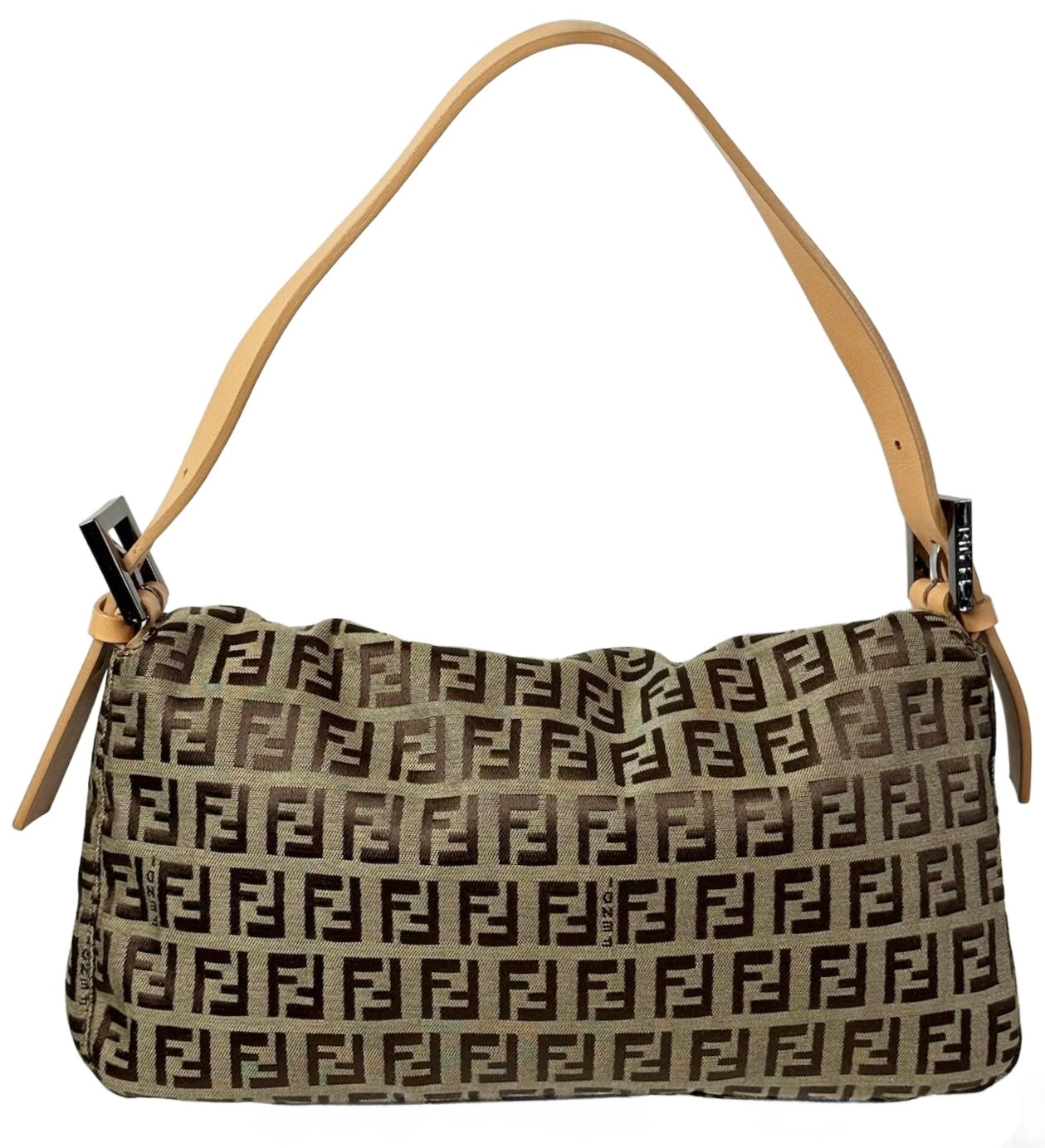 Fendi Vintage Light Brown Zucca Monogram Caramel Leather Trim Shoulder Baguette Bag