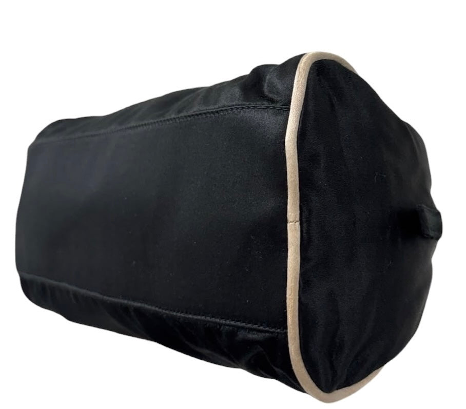 Prada Vintage Black Satin White Trim Mini Bowler Shoulder Pochette Bag