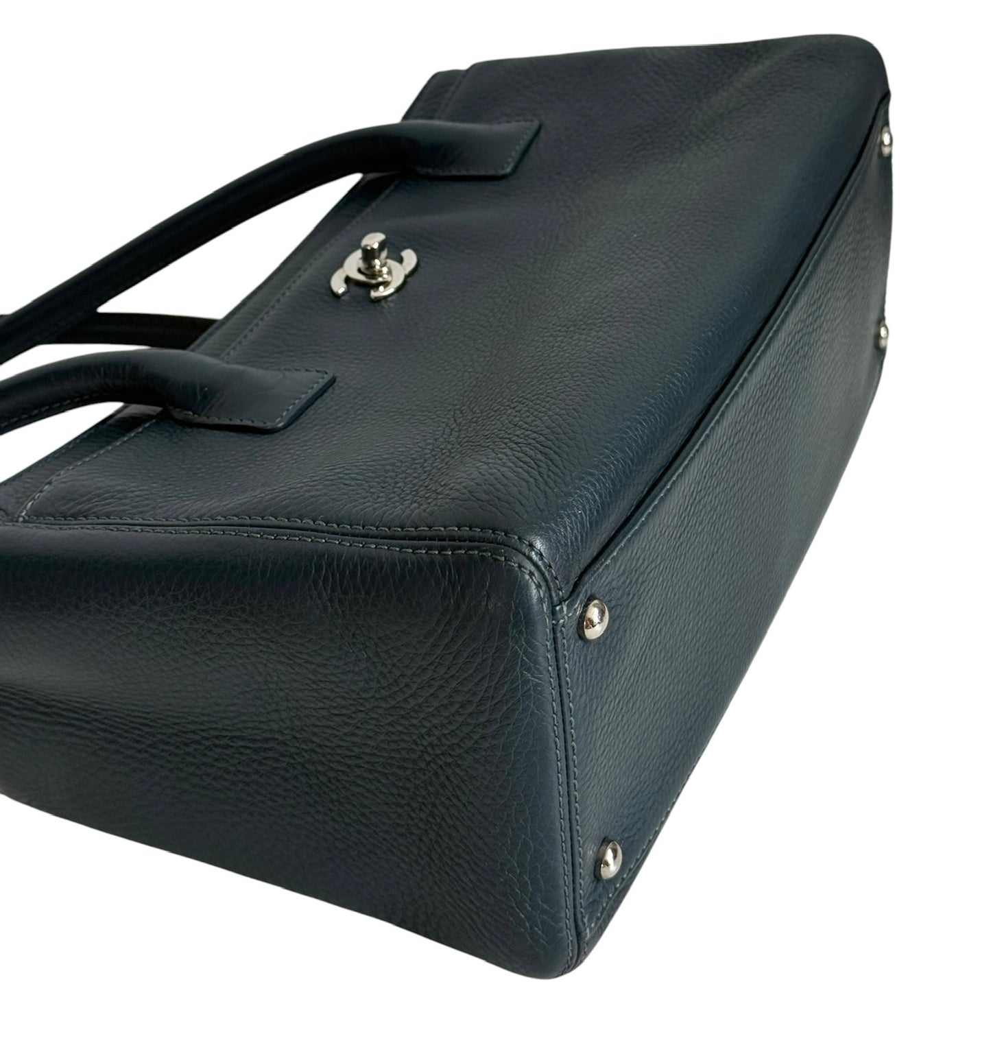 Chanel Navy Blue Calfskin Small Cerf Executive Shoulder Tote Bag with Silver Hardware