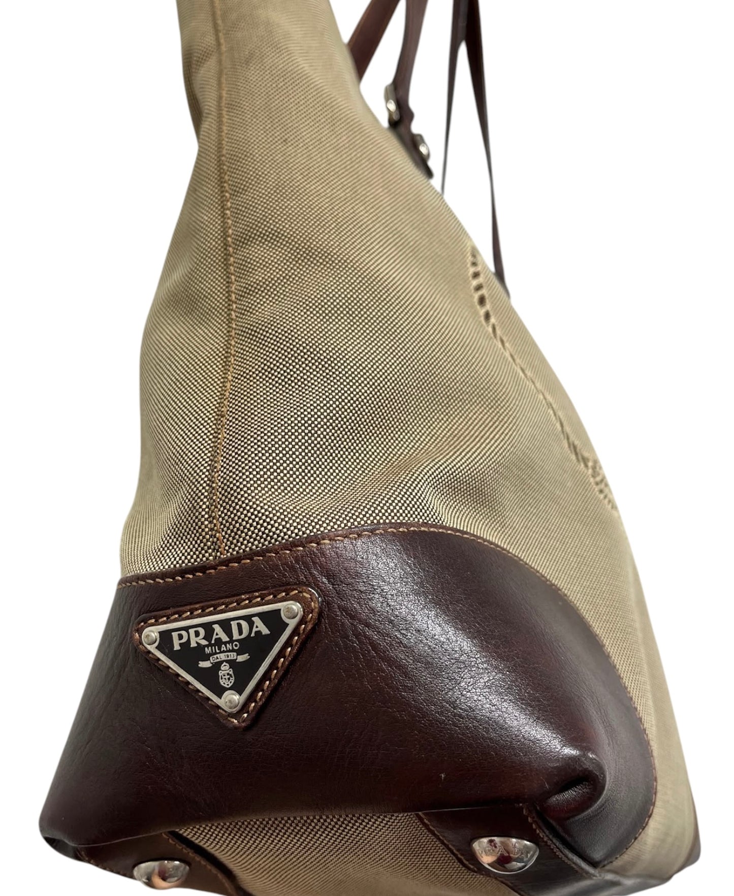 Prada Vintage Light Brown Jacquard Canapa Canvas Large Shoulder Tote Bag with Leather Trim 