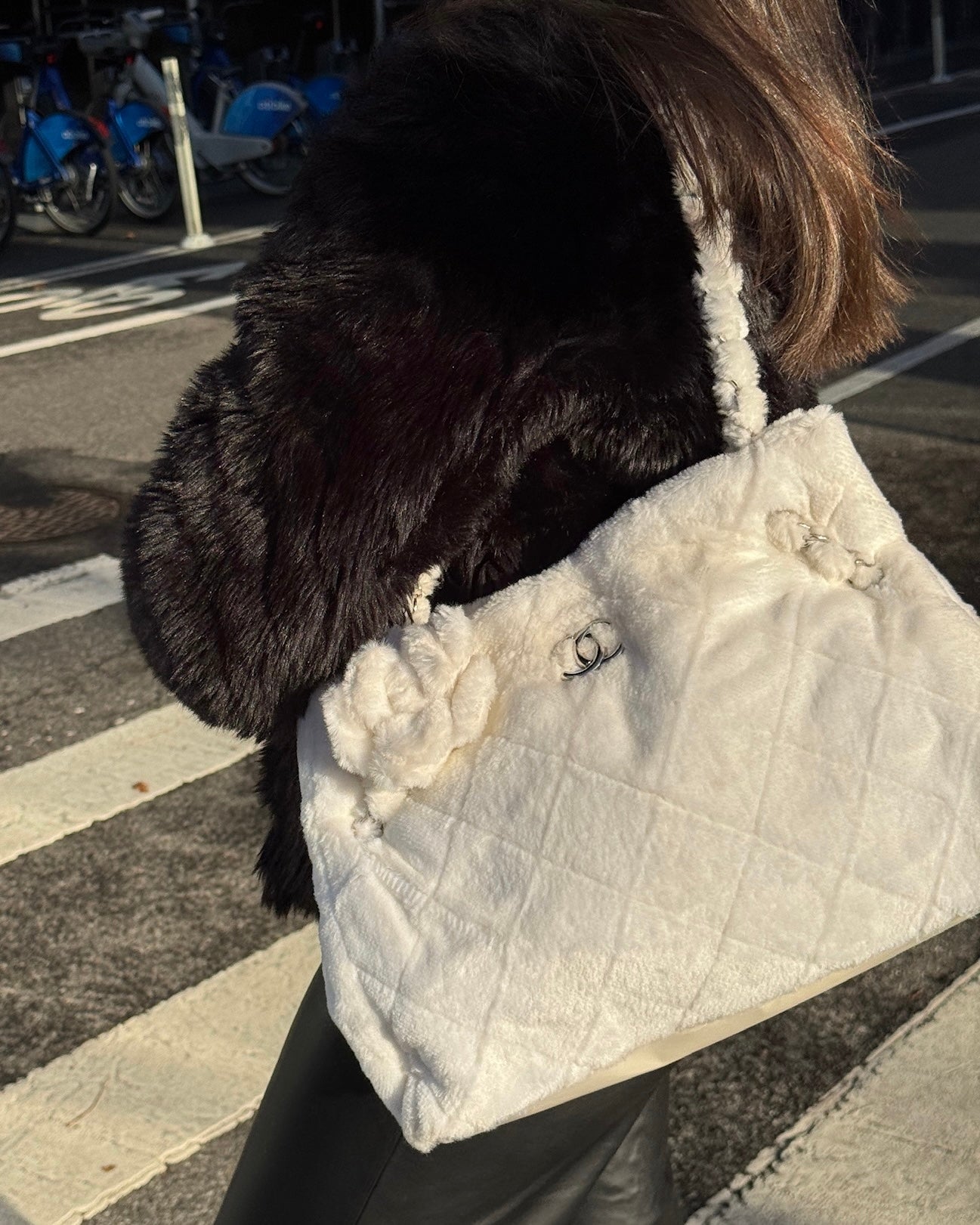 Chanel Vintage White Quilted Fantasy Fur Camellia Tote Bag