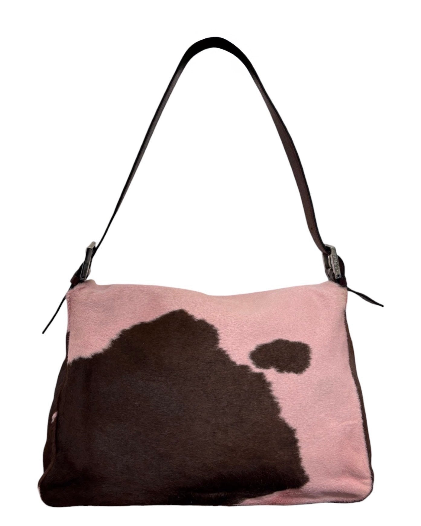 Fendi Vintage Pink & Brown Cow Print Pony Hair Mamma Baguette Shoulder Bag