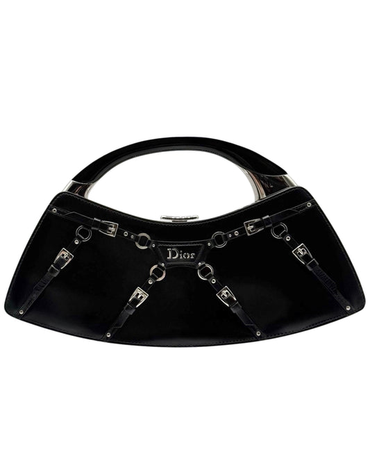 Dior by John Galliano Vintage 2003 Black Leather Bondage Corset Clutch Evening Bag