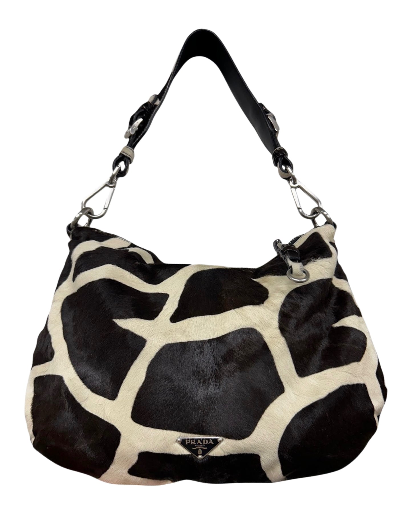 Prada Vintage Black & White Giraffe Print Pony Hair Medium Hobo Shoulder Bag