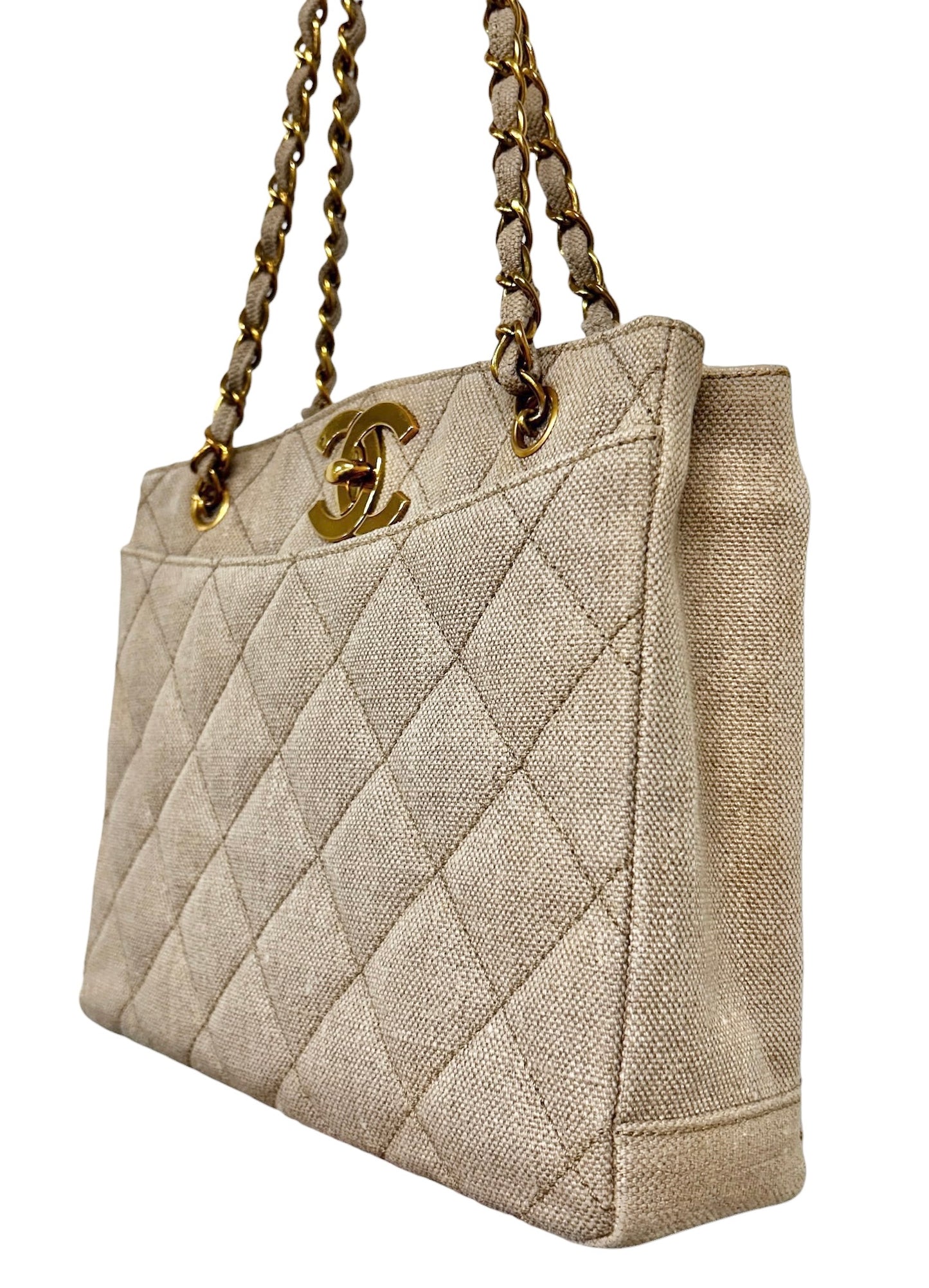 Chanel Vintage 90s Beige Linen Maxi CC Short Shoulder Chainlink Tote Bag with 24K Gold Plated Hardware
