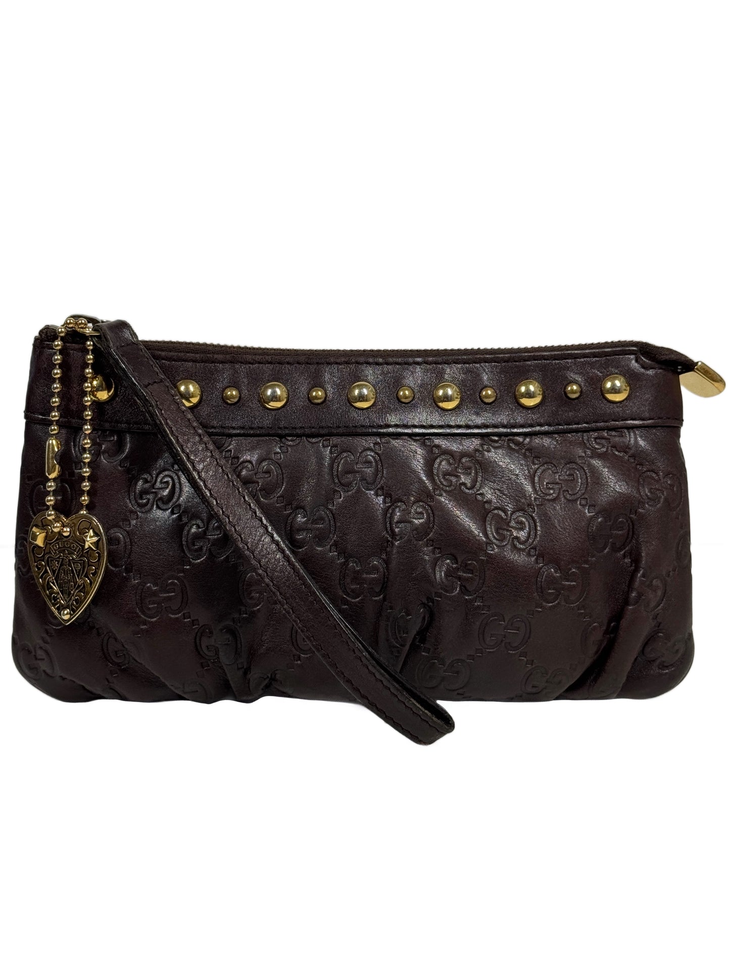 Gucci Vintage Brown Embossed GG Guccissima Monogram Leather Babouska Wristlet Clutch w Heart Charm