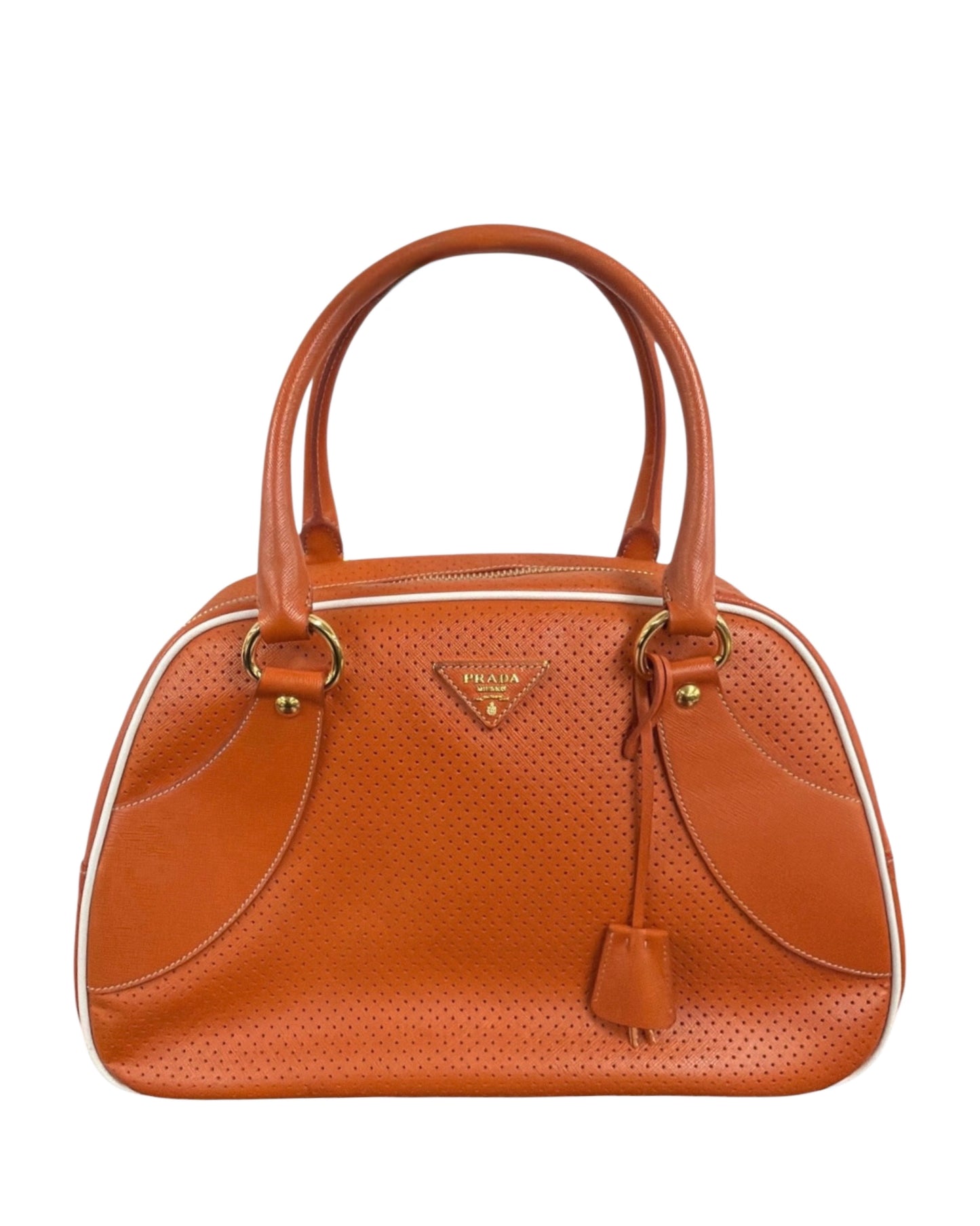 Prada Vintage Orange Perforated Leather Large Top Handle Bowling Bag