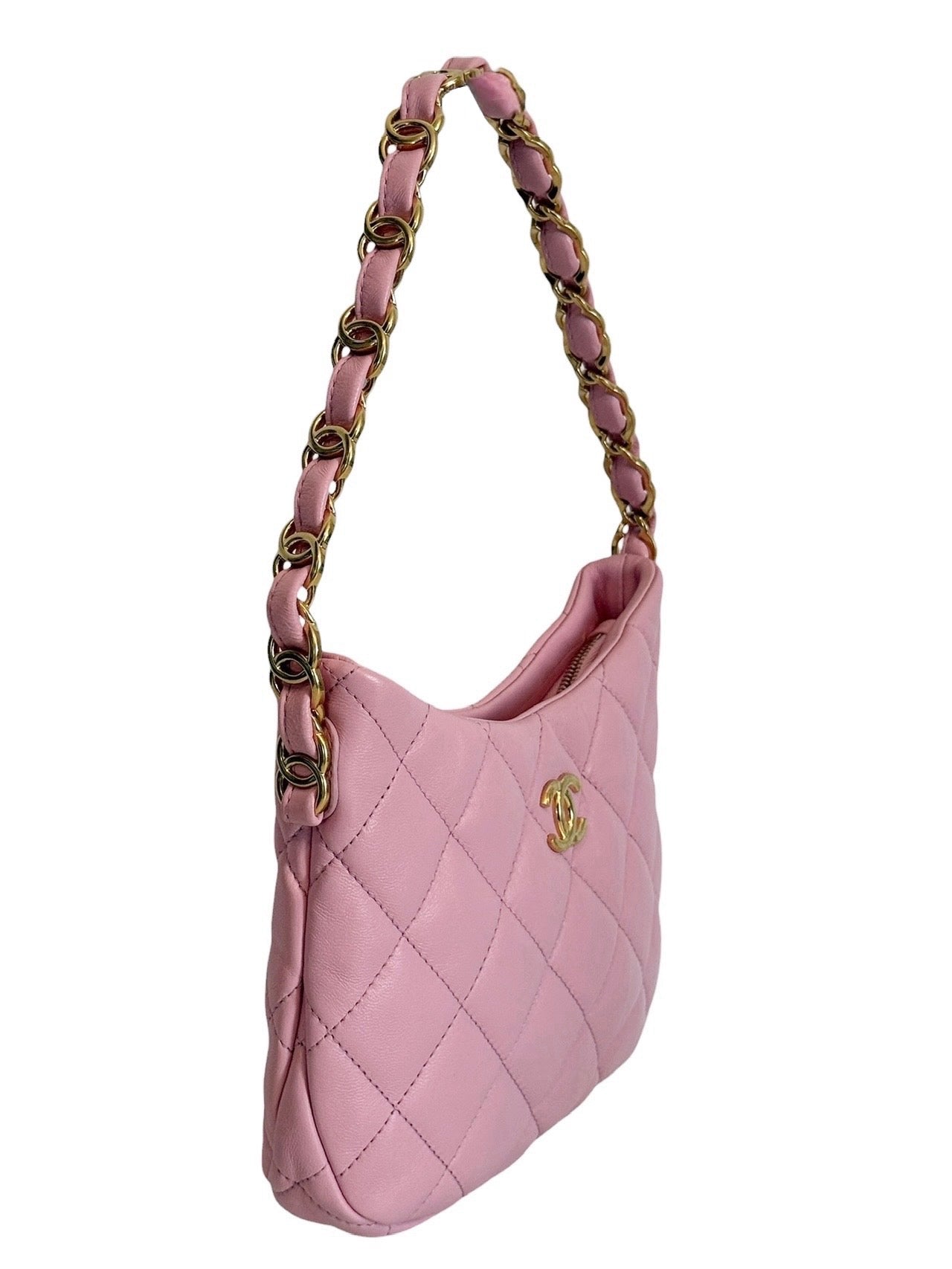 Chanel F/W 2022 Pink Quilted Lambksin CC Links Small Hobo Shoulder Bag
