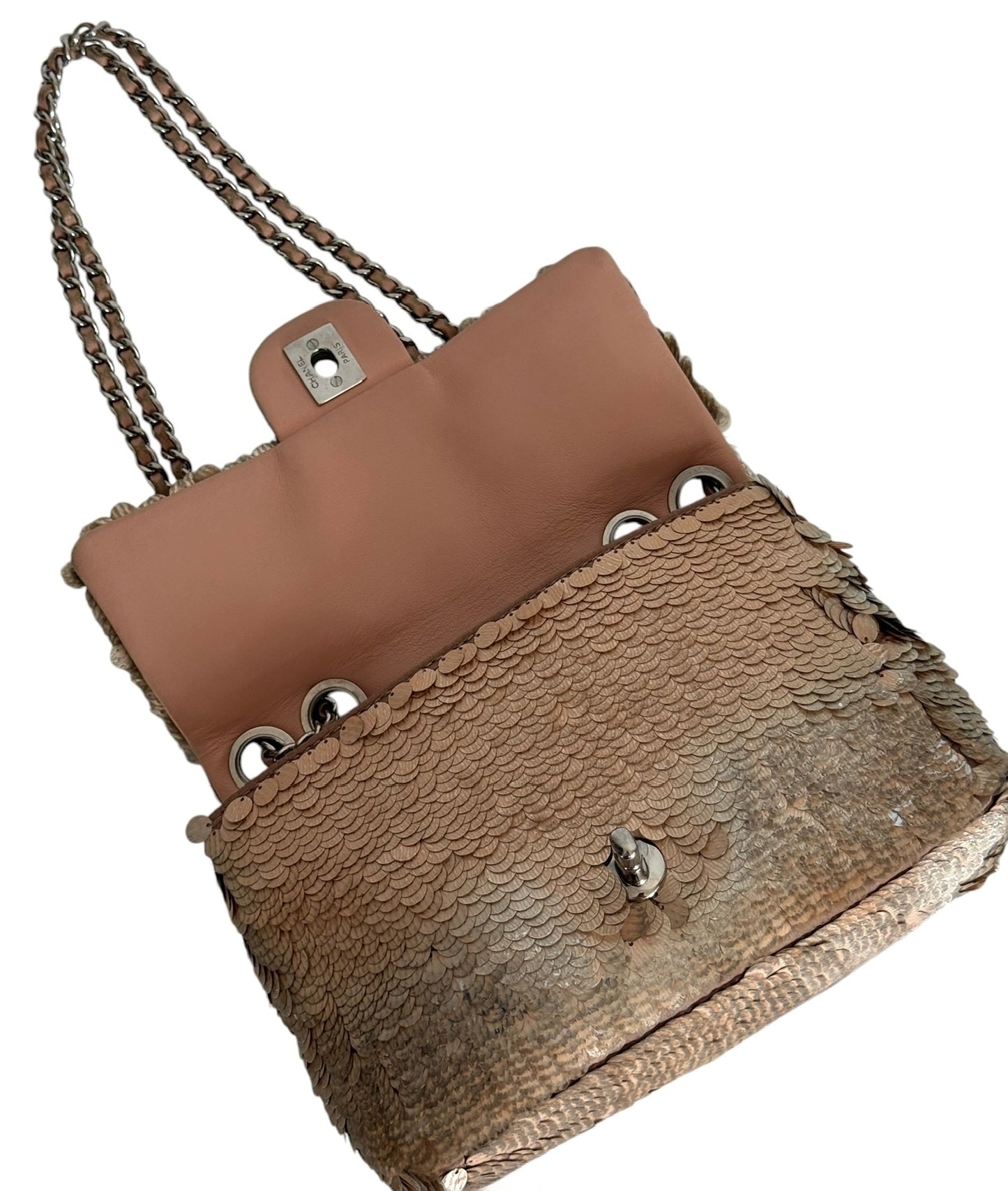 Chanel 2012 Metallic Pink Small Paillette Single Flap Shoulder Bag
