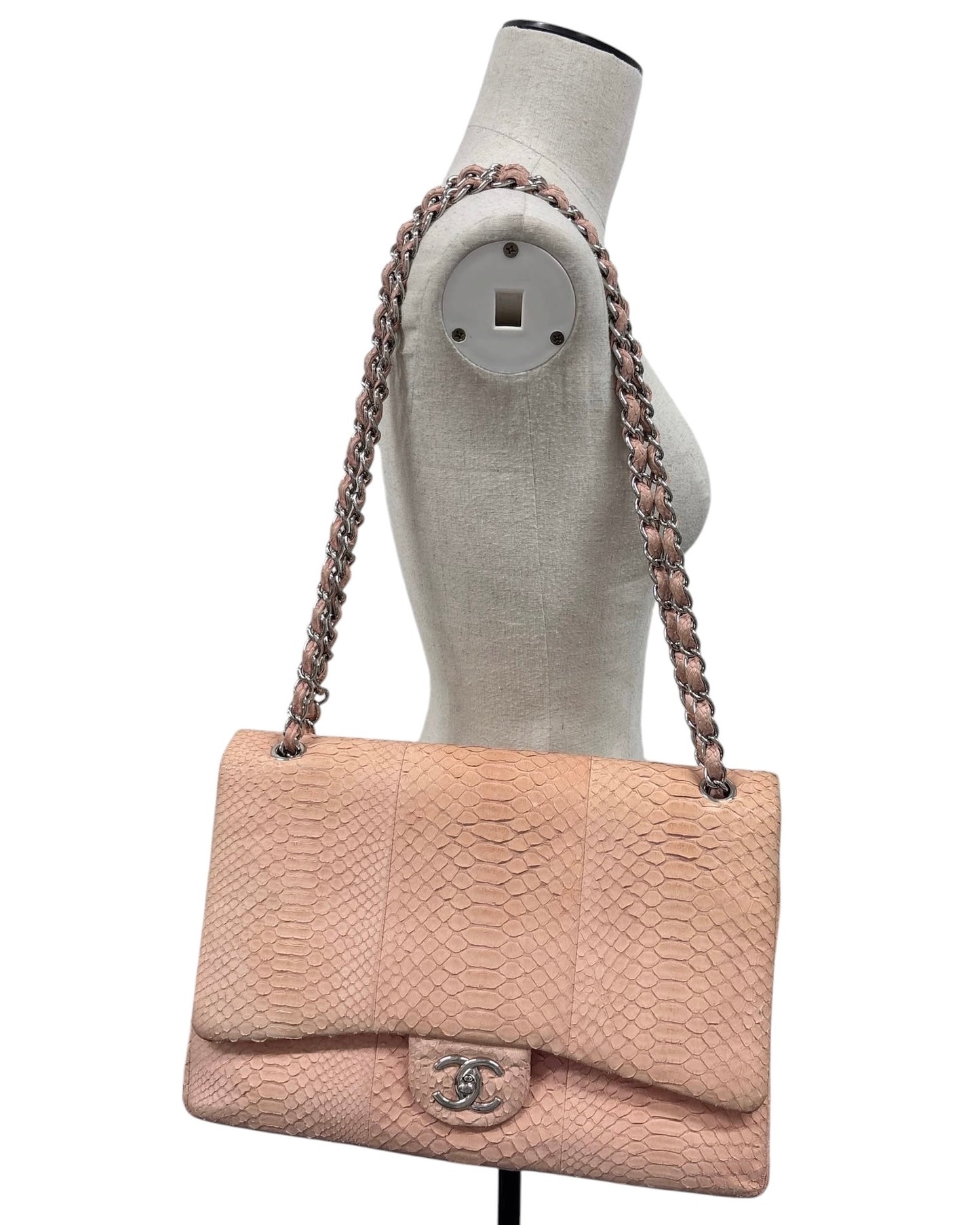 Chanel 2011 Rose Pink Python Classic Jumbo Double Flap Bag with Silver Hardware