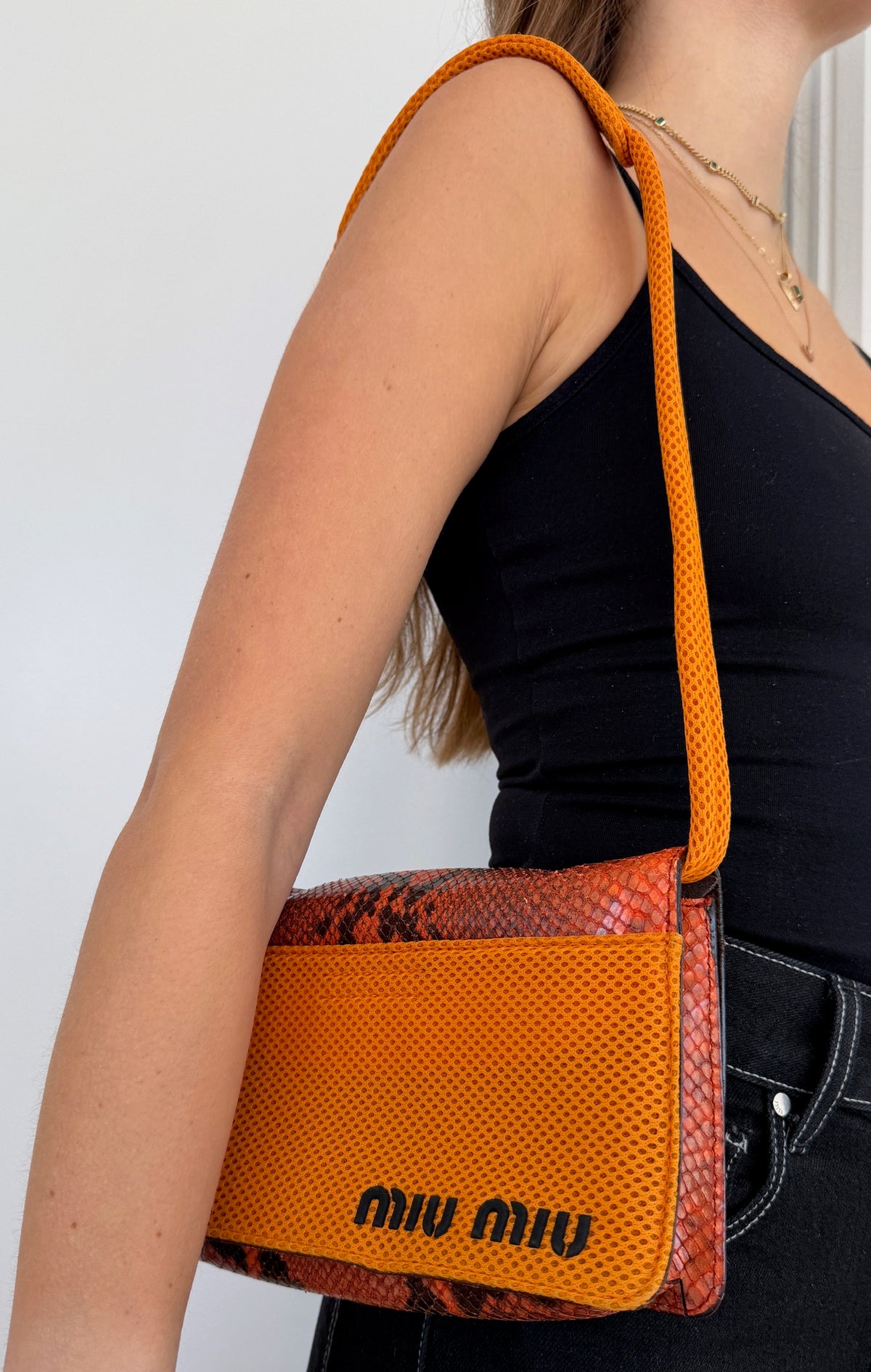 Miu Miu Vintage 1999 Orange Python Mesh Small Shoulder Pochette Bag