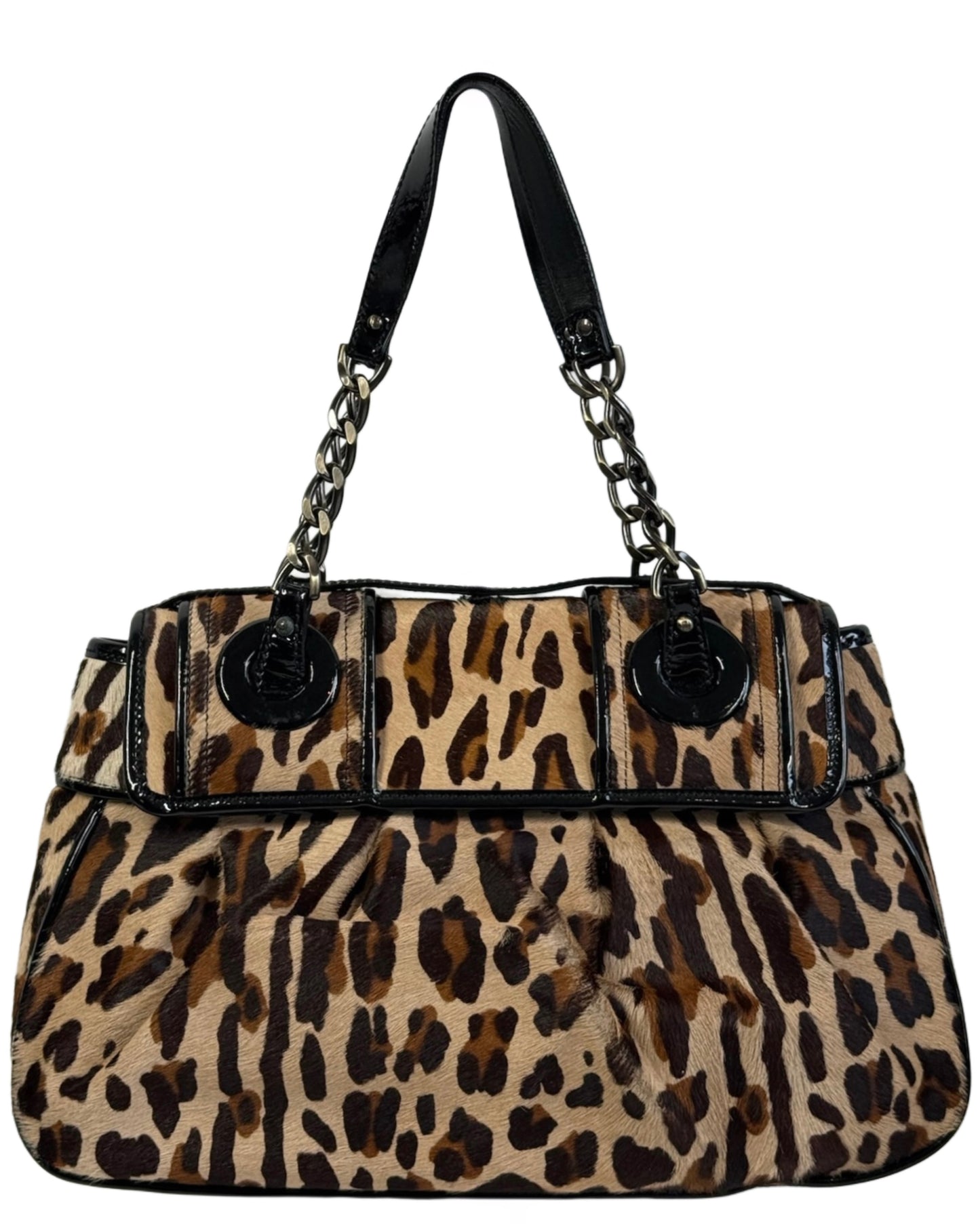 Fendi Vintage Brown Leopard Print Pony Hair Black Patent Leather Logo Buckle Shoulder Bag