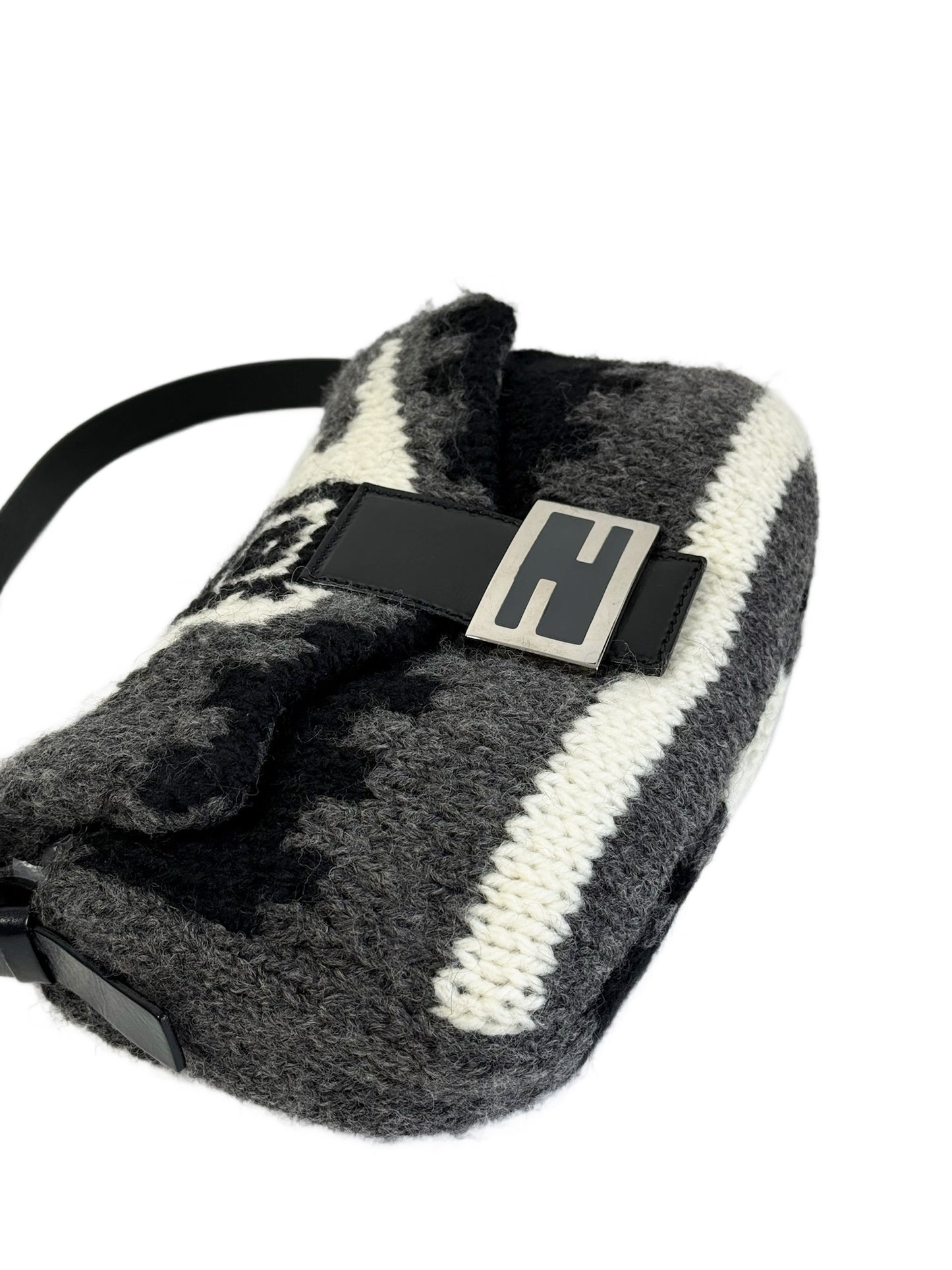 Fendi Vintage Gray Black Ivory Wool Knit Baguette