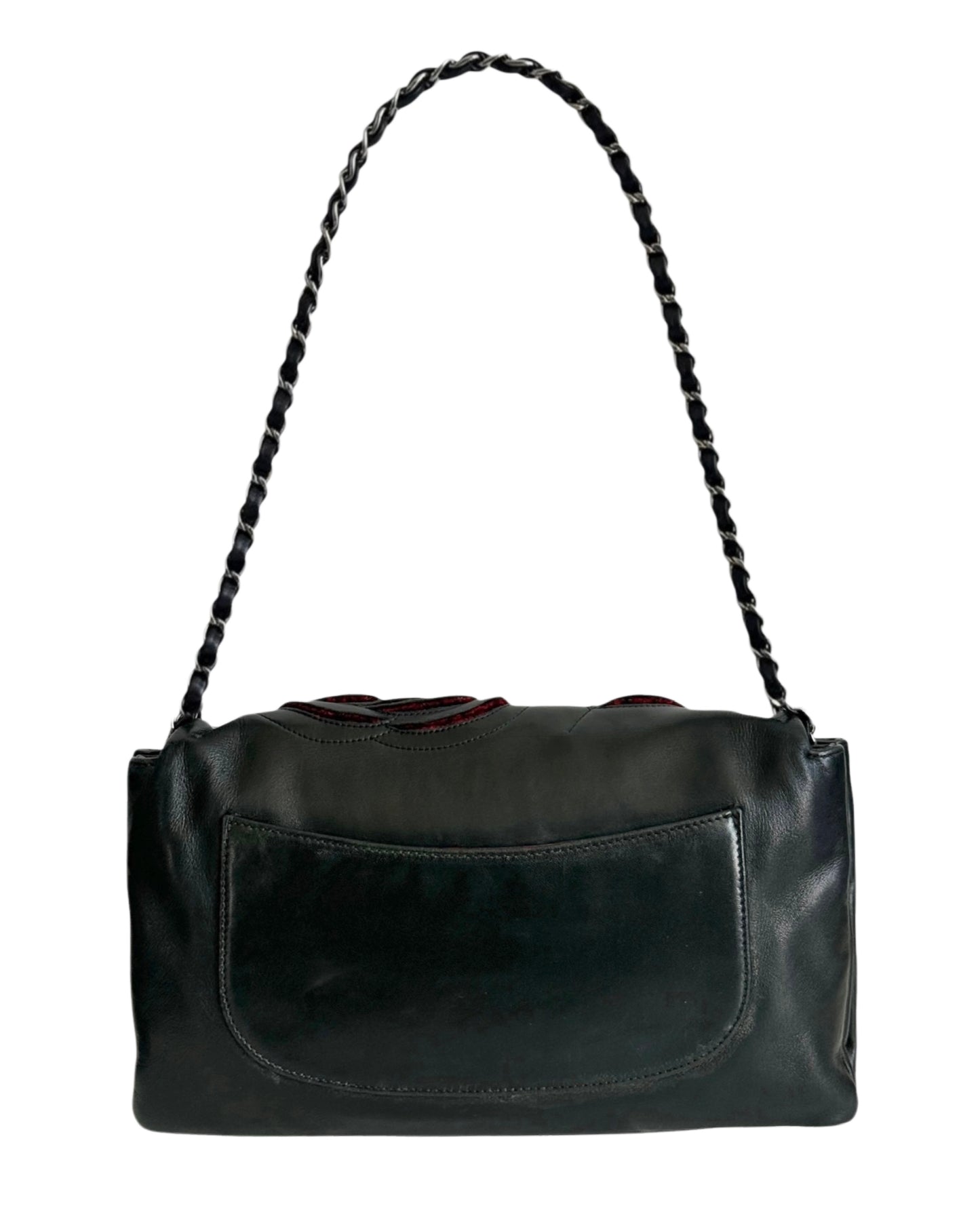 Chanel Black Lambskin Fuchsia Tweed Camelia Large Shoulder Flap Bag
