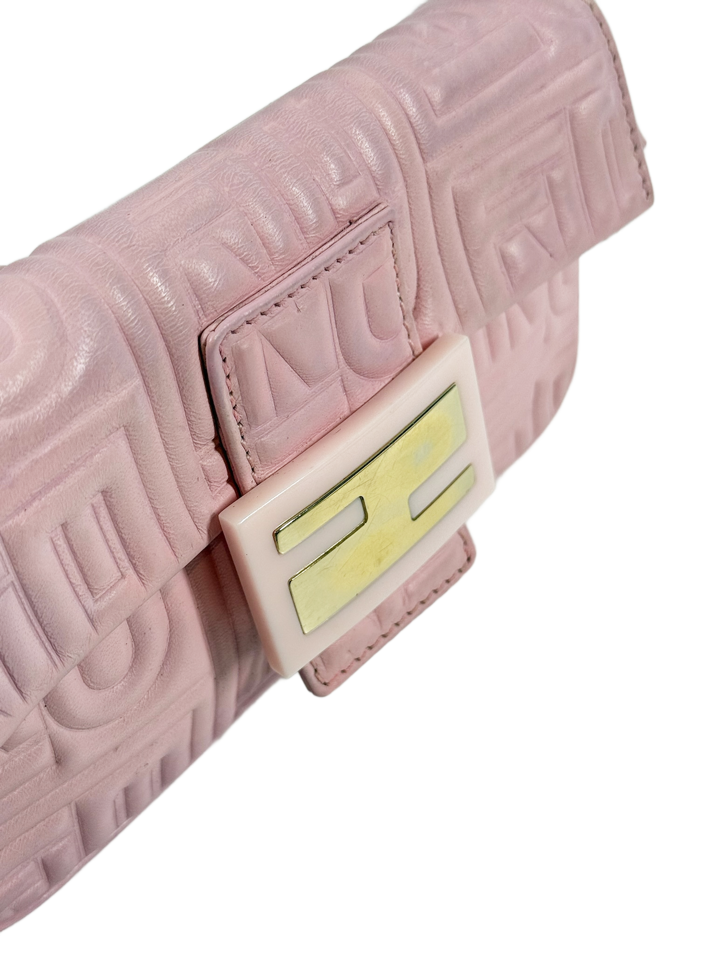 Fendi Pink Nappa Embossed Monogram Logo Leather Mini Baguette Bag