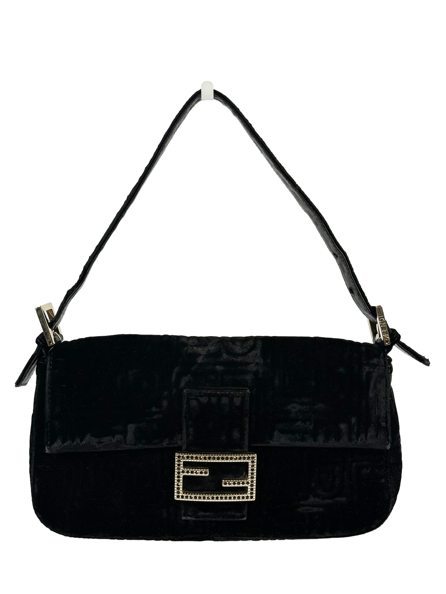 Fendi Vintage Black Embossed Monogram Velvet Velour Shoulder Baguette Bag w Gold Crystal Logo