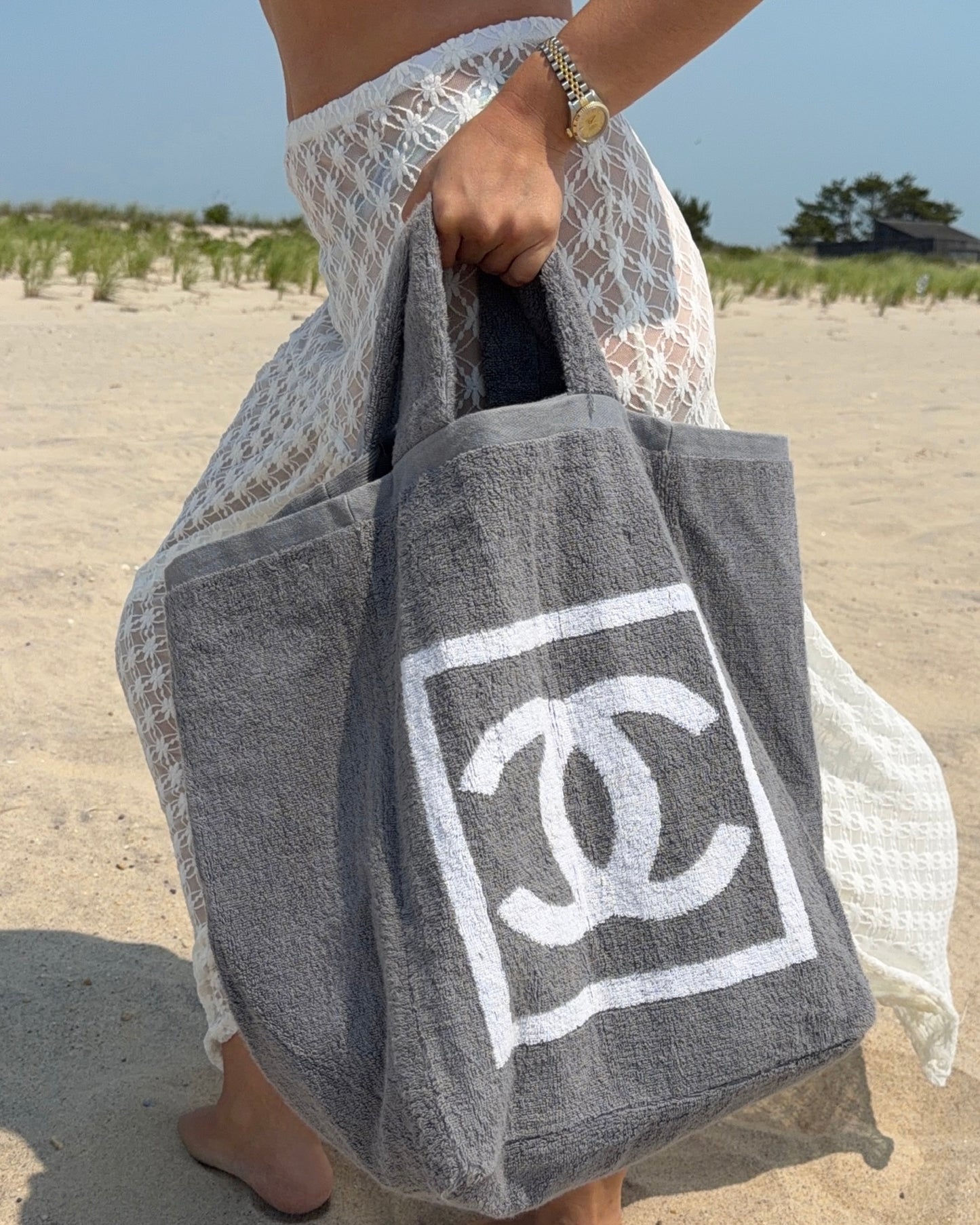 Chanel Vintage Sport Line Dark Gray CC Terry Cloth Beach Tote