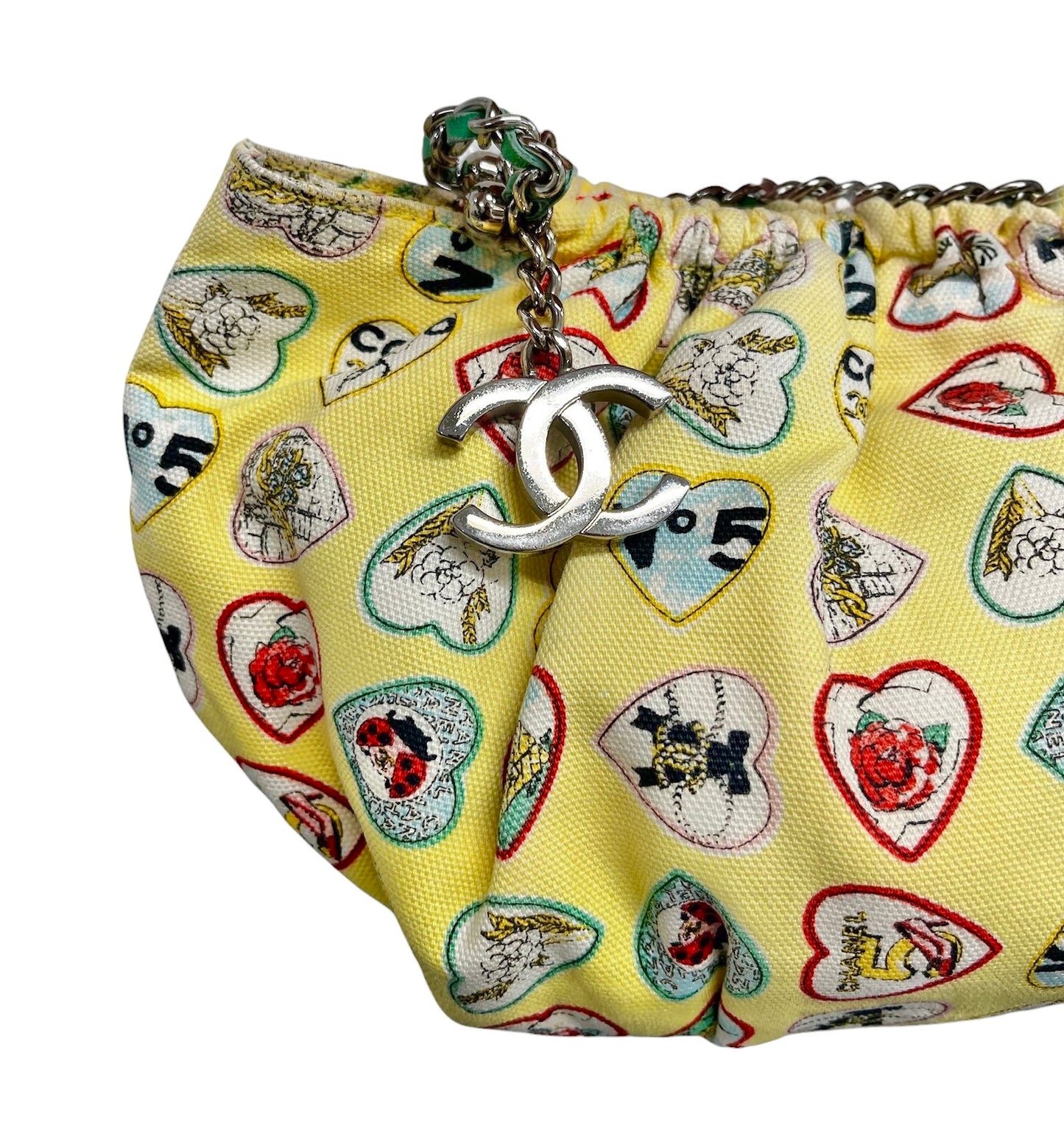 Chanel Vintage 2006 Yellow Valentine Heart Motif Canvas CC Charm Small Pochette Bag