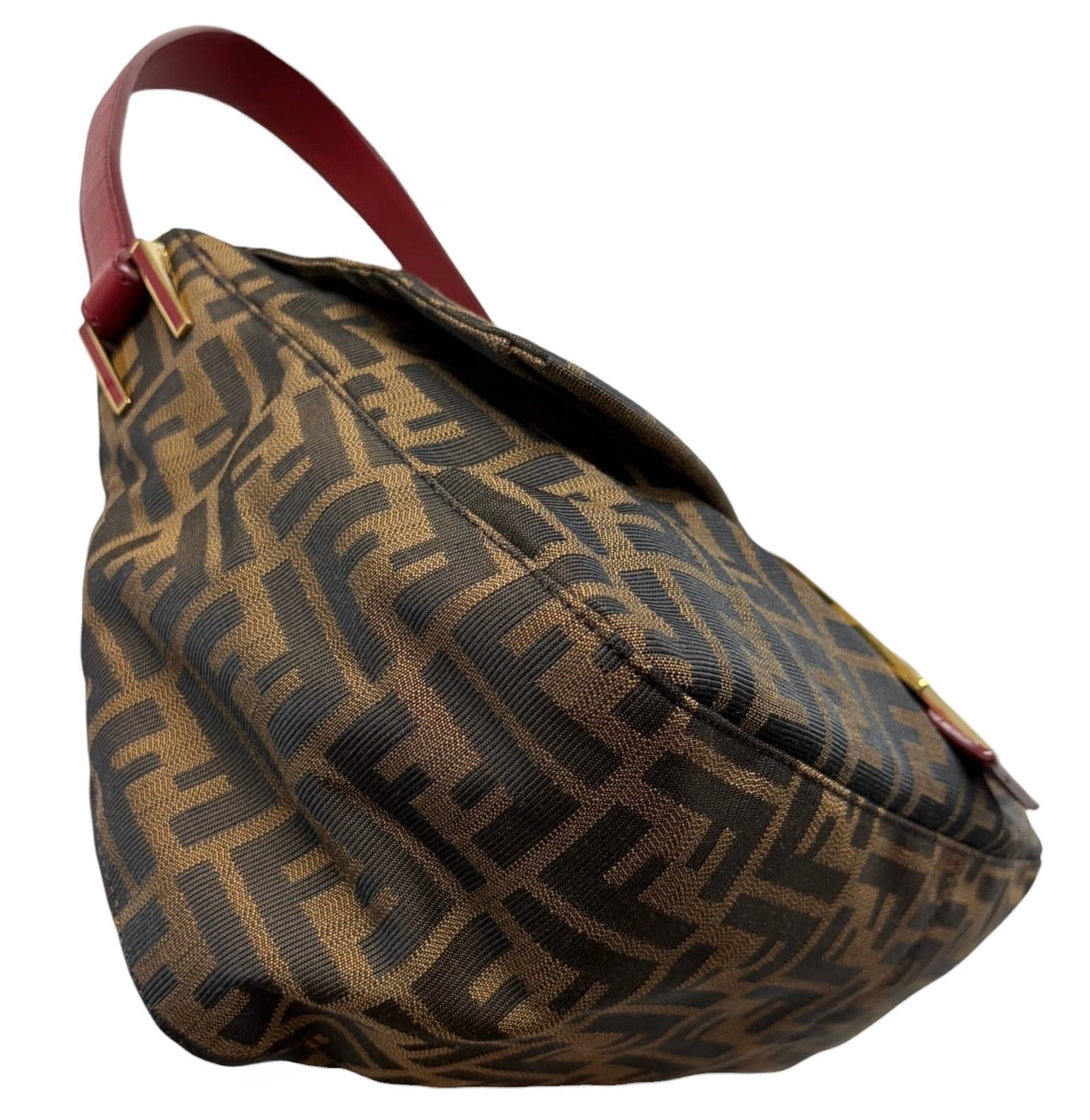 Fendi Vintage Brown Zucca Monogram Canvas Red Leather Trim XL Jumbo Mamma Baguette Shoulder Bag