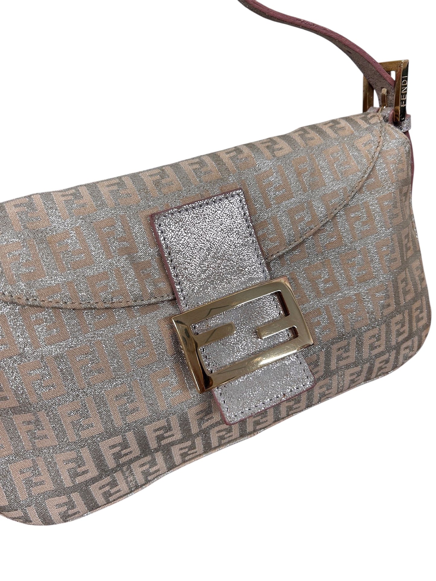 Fendi Vintage Metallic Pink Zucchino Zucca Monogram Double Flap Shoulder Baguette Bag