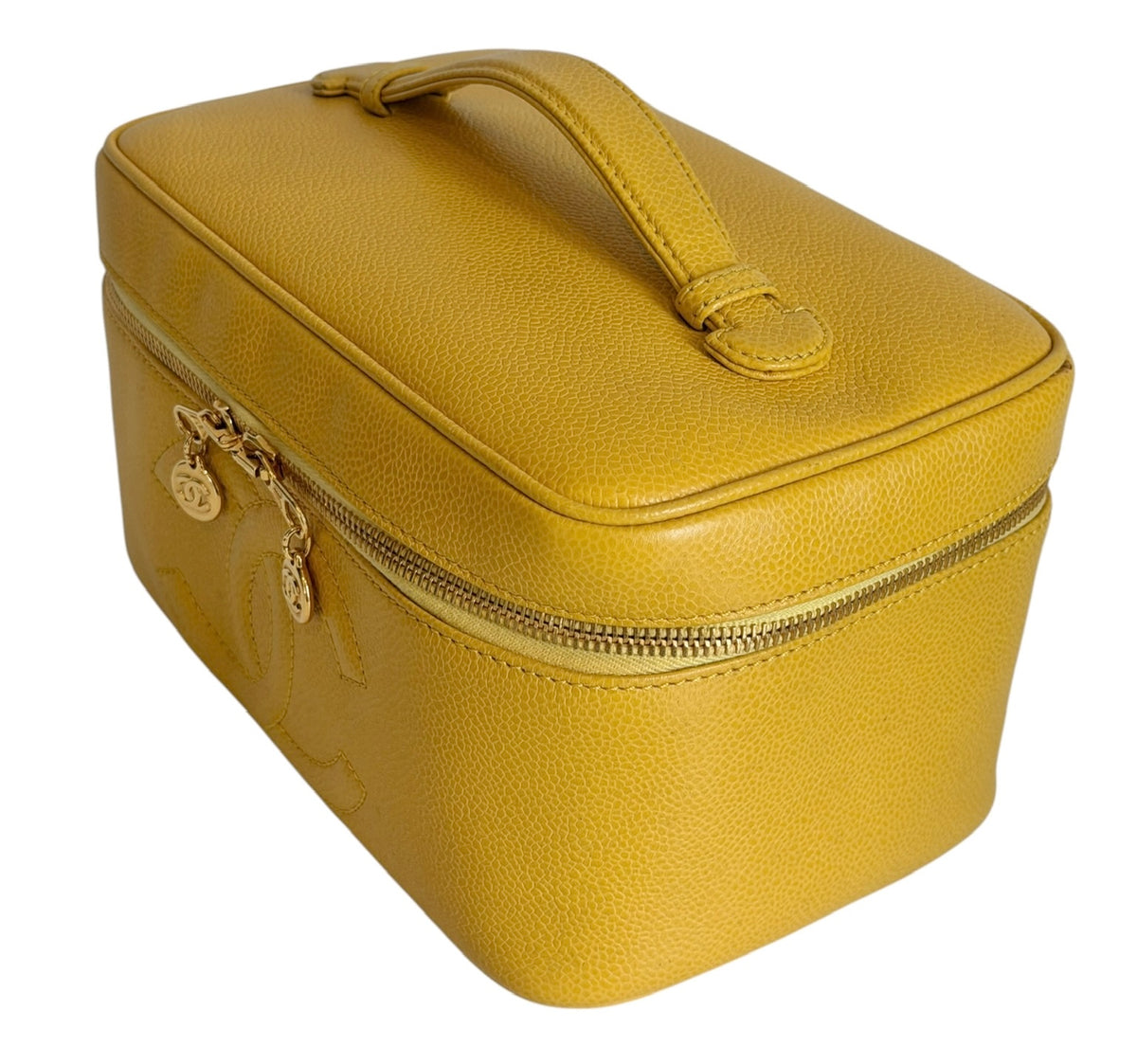 Chanel Vintage Late 90s Yellow Caviar Leather CC Logo Large Horizontal Vanity Case with 24K GPHW