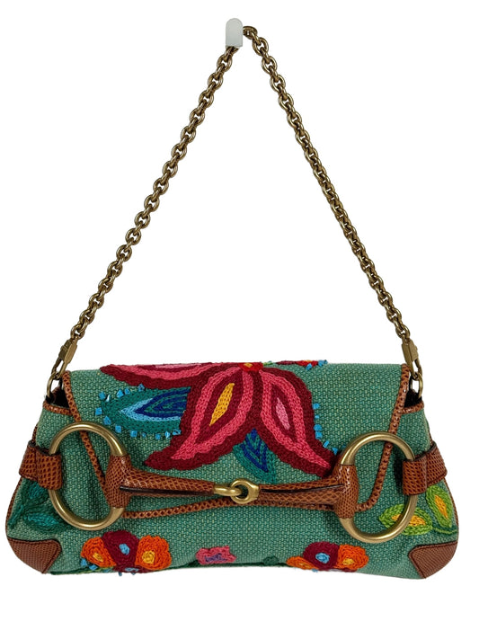 Gucci Vintage Turquoise Floral Embroidered Raffia Lizard Trim Small Horsebit Clutch Shoulder Bag