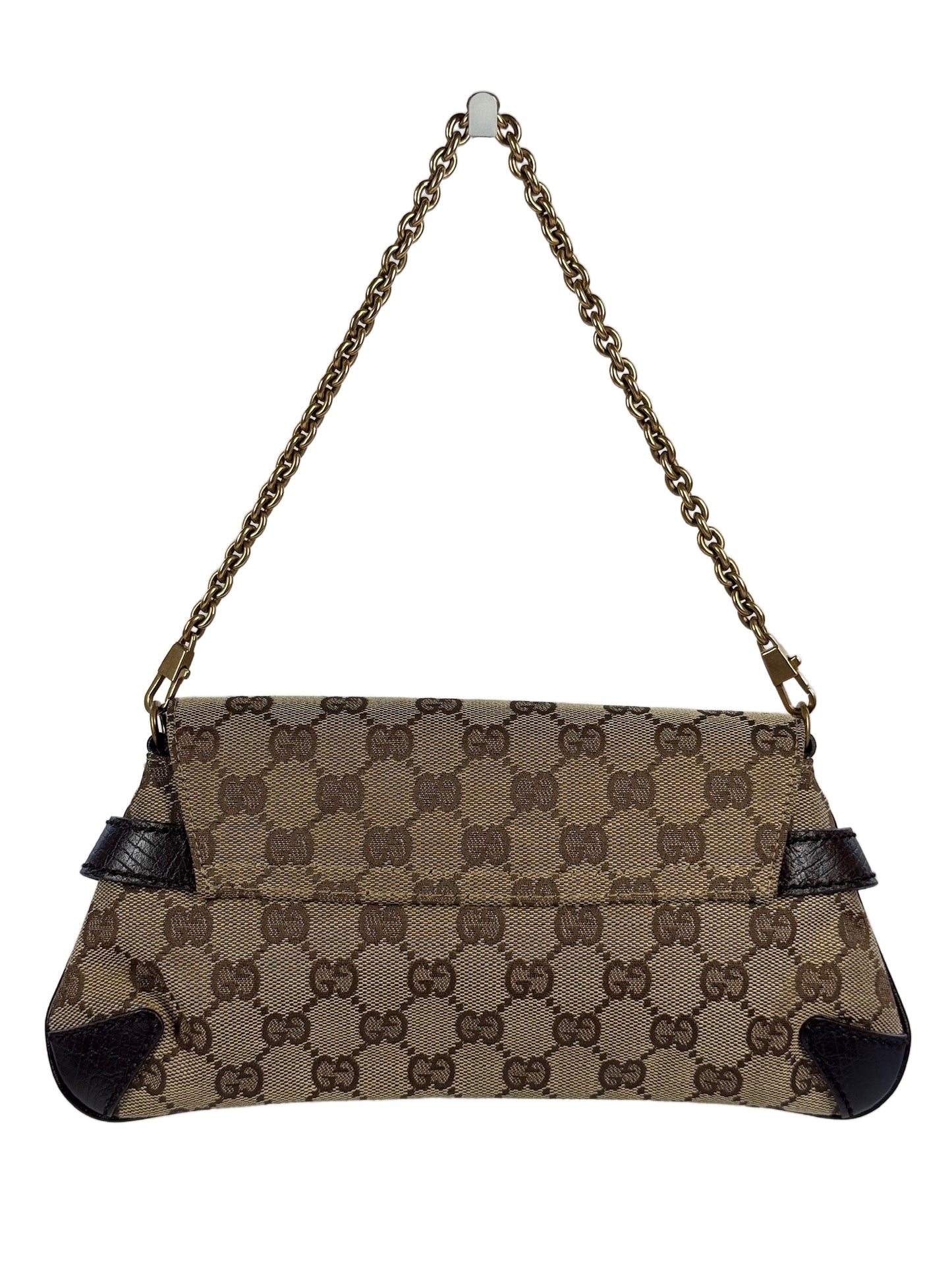 Gucci Vintage Brown GG Monogram Horsebit Small Chain Shoulder Clutch Bag