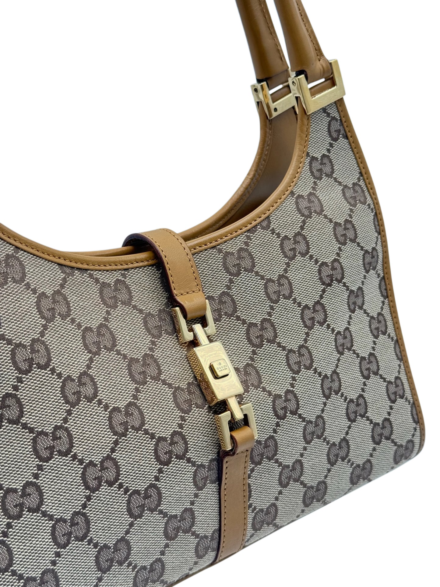 Gucci Brown GG Monogram Small Jackie Shoulder Bag with Light Brown Trim
