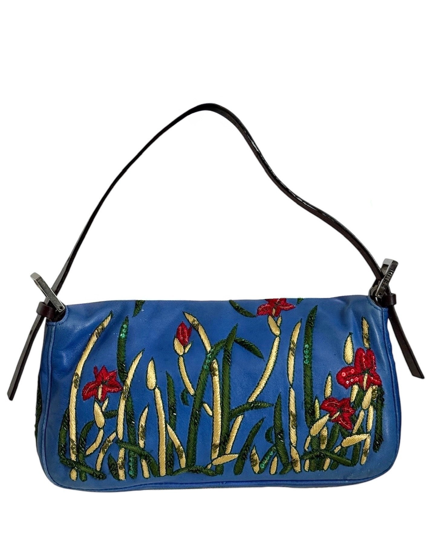 Fendi Vintage Blue Lambskin Floral Embroirdered Beaded Sequin Shoulder Baguette Bag 