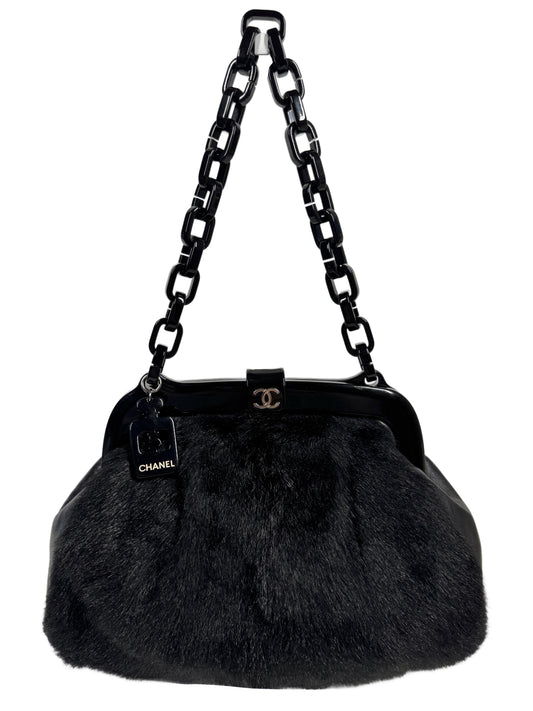 Chanel Vintage 00s No. 5 Resin Chain Frame Kisslock Black Rabbit Fur & Lambskin Shoulder Bag