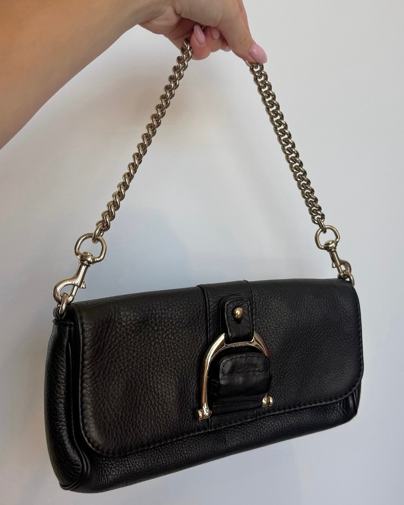 Gucci Vintage Black Pebbled Leather Half Bit Small Chain Pochette Shoulder Bag