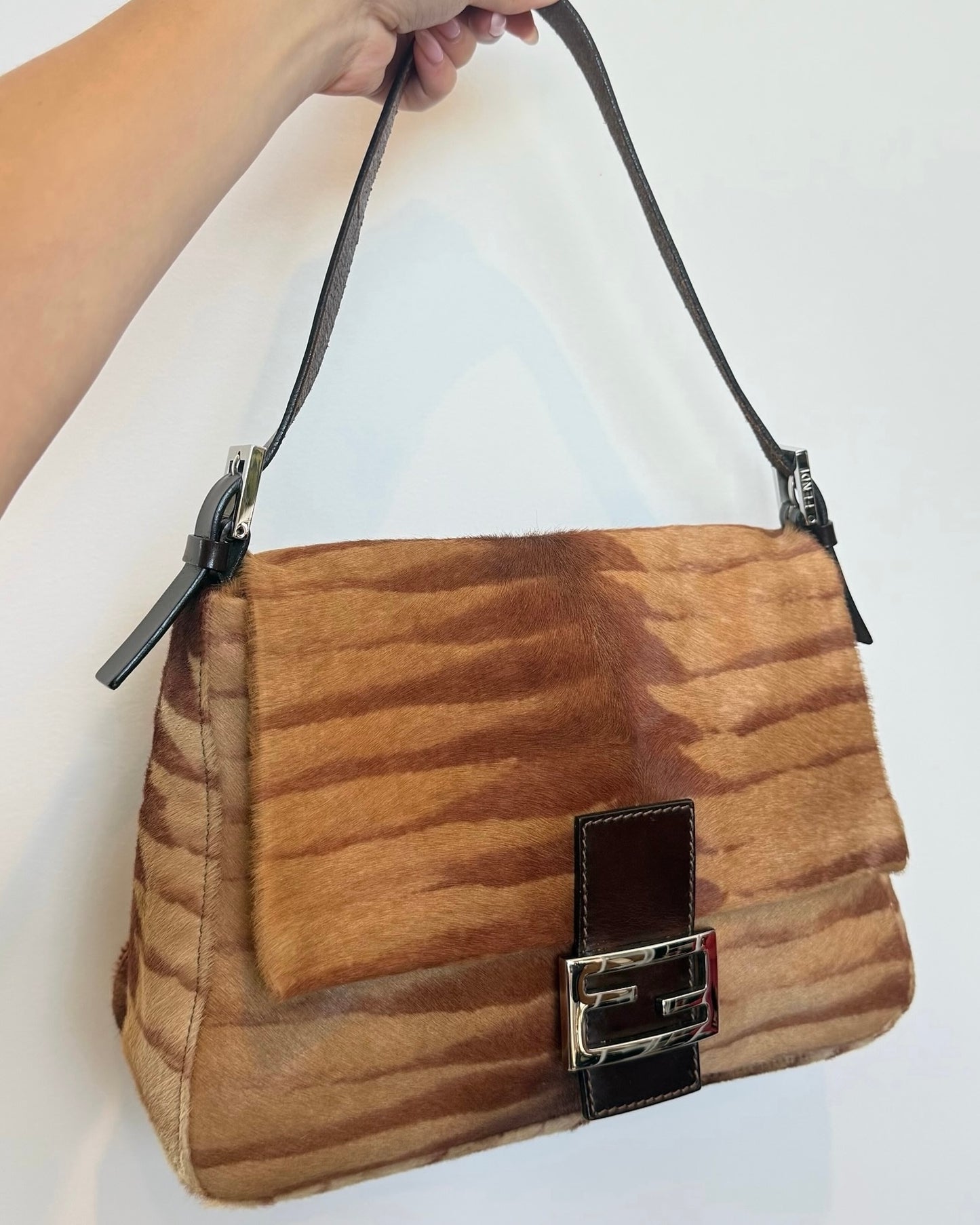 Fendi Vintage Brown Giraffe Animal Print Pony Hair Mamma Baguette Shoulder Bag