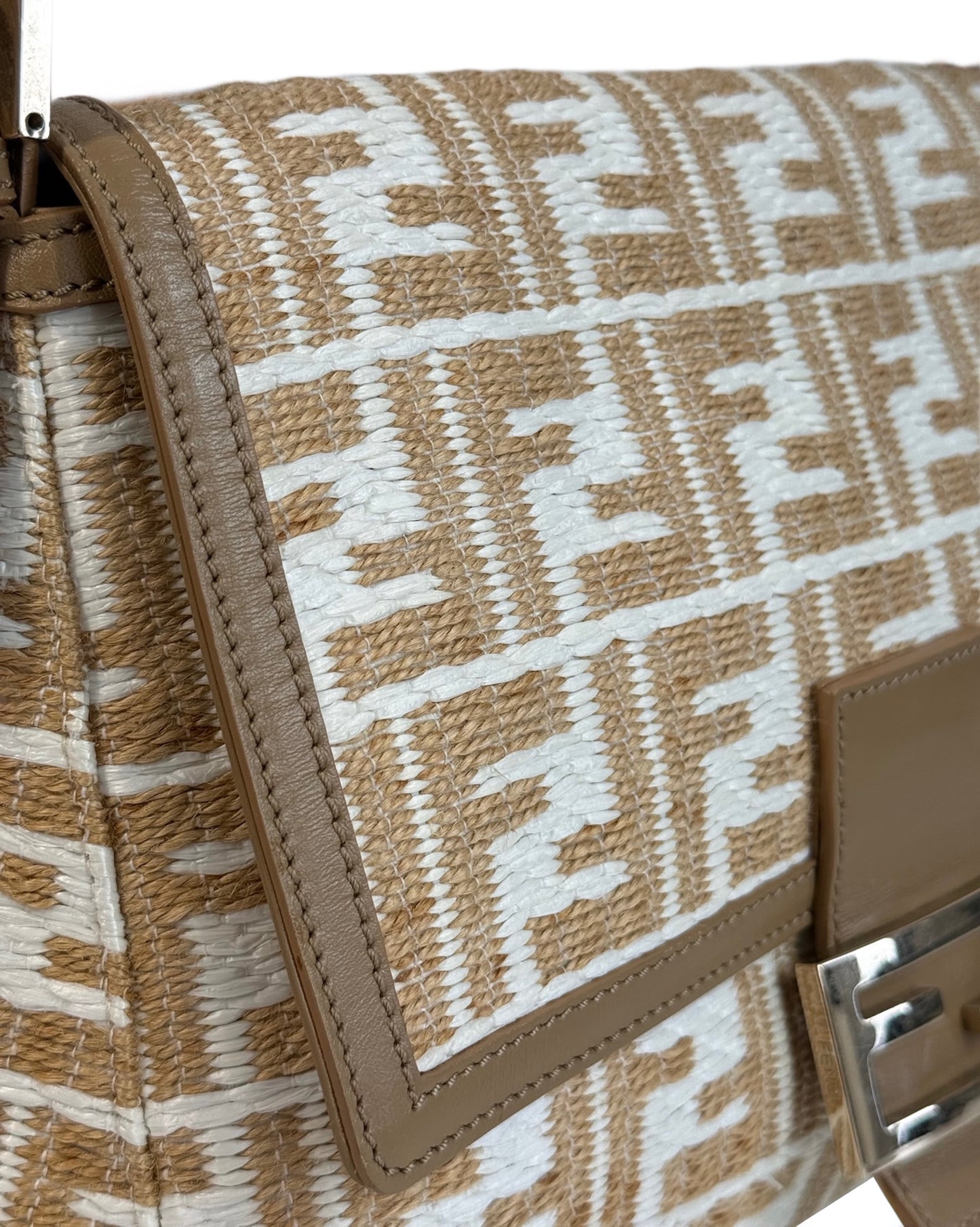 Fendi Vintage Beige & White Raffia Zucca Monogram Mamma Baguette Shoulder Bag