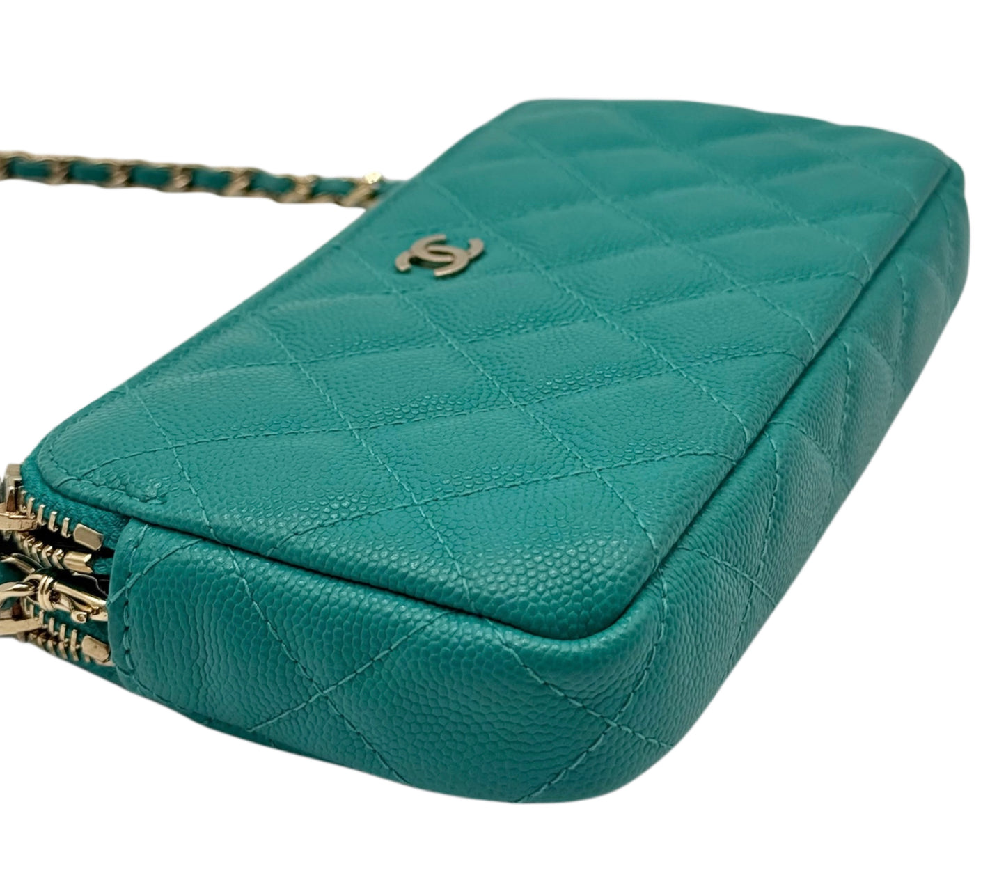 Chanel 2016 Turquoise Green Quilted Caviar Double Zip Wallet on Chain Bag